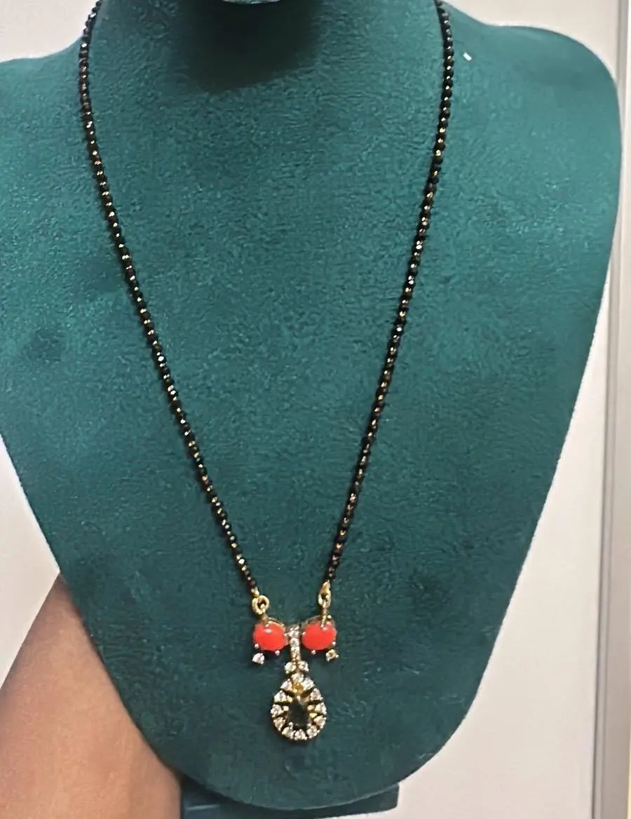 Black Bead Mangalsutra with Coral and Green Stones | Traditional Hindu Necklace — view 3