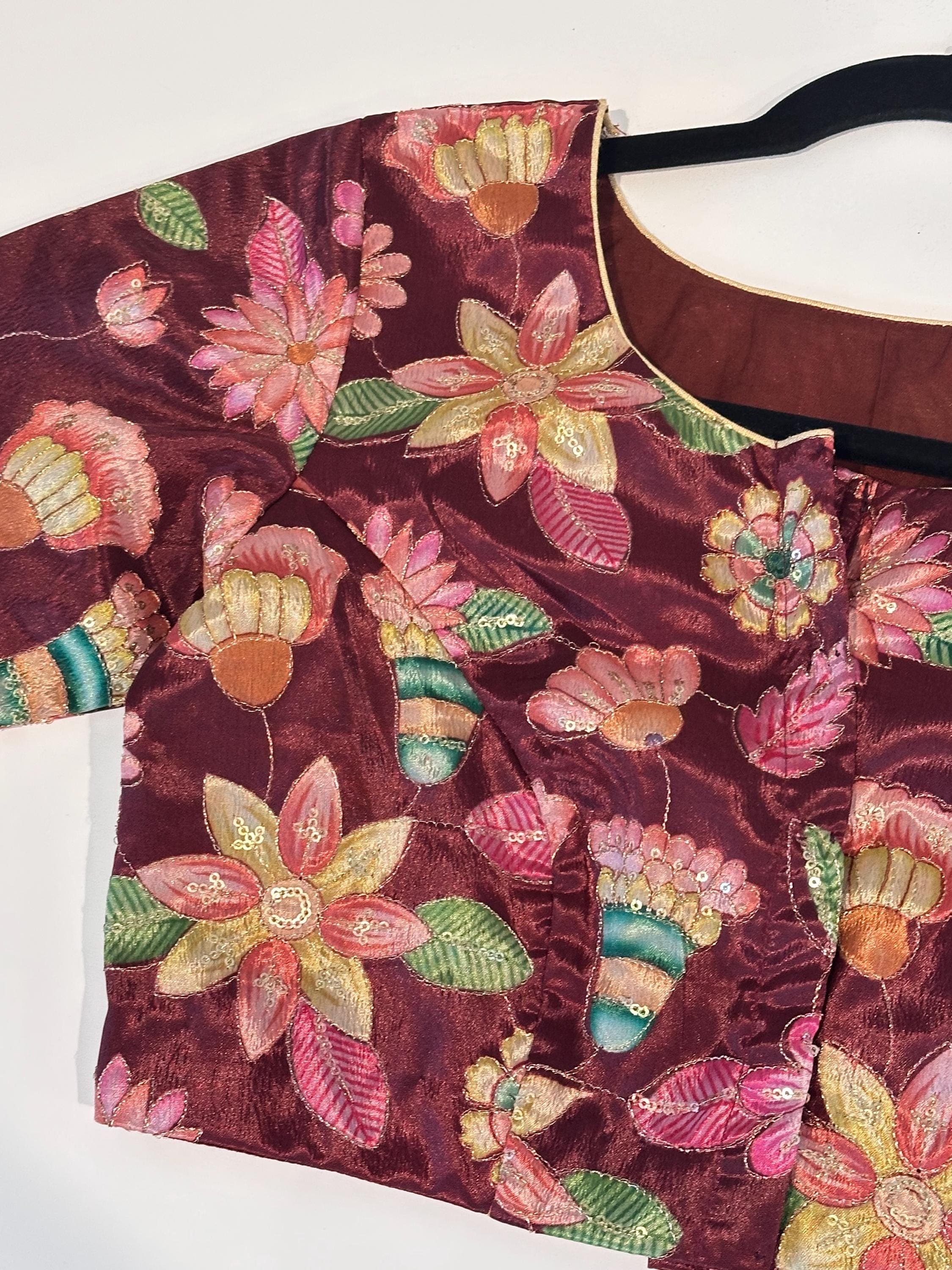 Kalamkari Silk Blouse: Indian Traditional Saree Blouse with Floral Embroidery — view 3