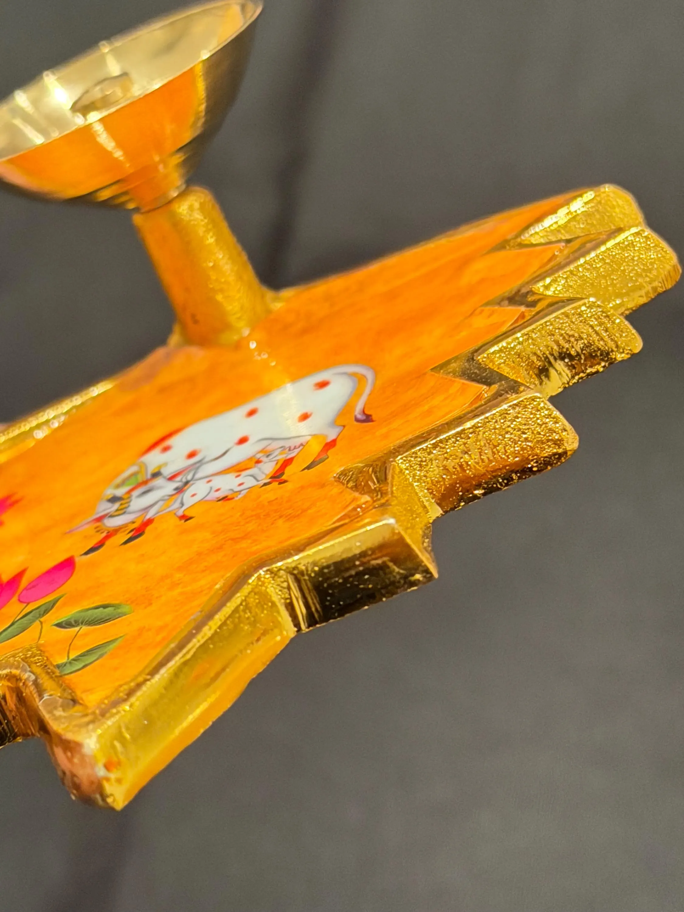 Pichwai Hand Painted Brass Diya – Cow Lotus Pooja Decor, Indian Diwali Gift — view 2