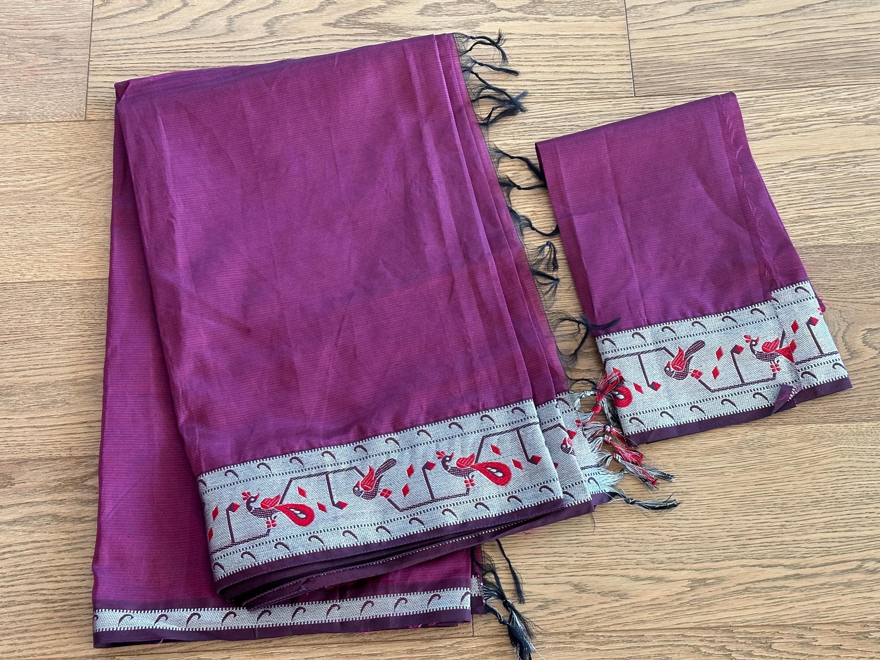 Pure Mangalagiri Handloom Silk Saree | Silver Zari Peacock Border, Blouse Piece — view 4