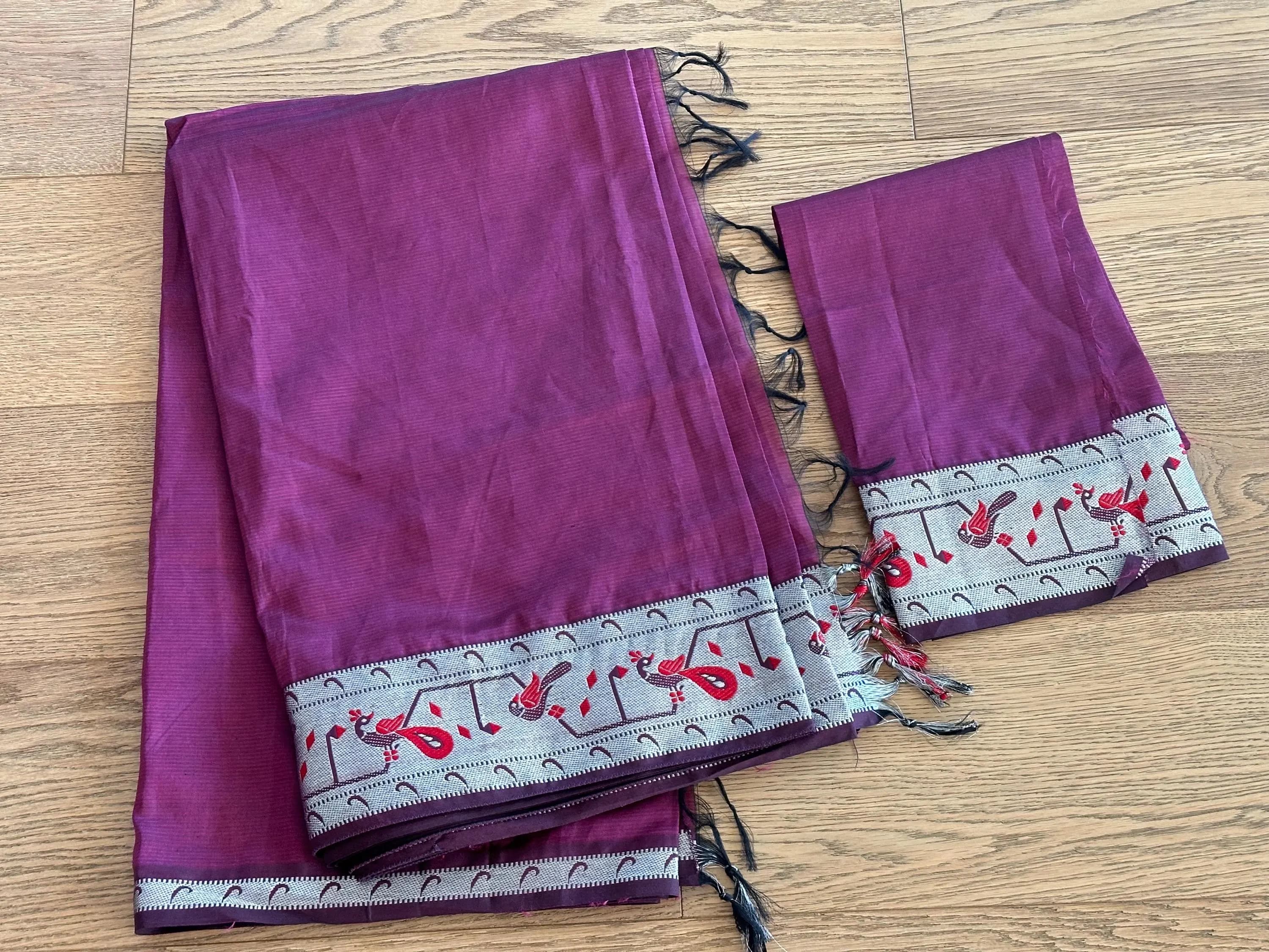 Pure Mangalagiri Handloom Silk Saree | Silver Zari Peacock Border, Blouse Piece — view 4