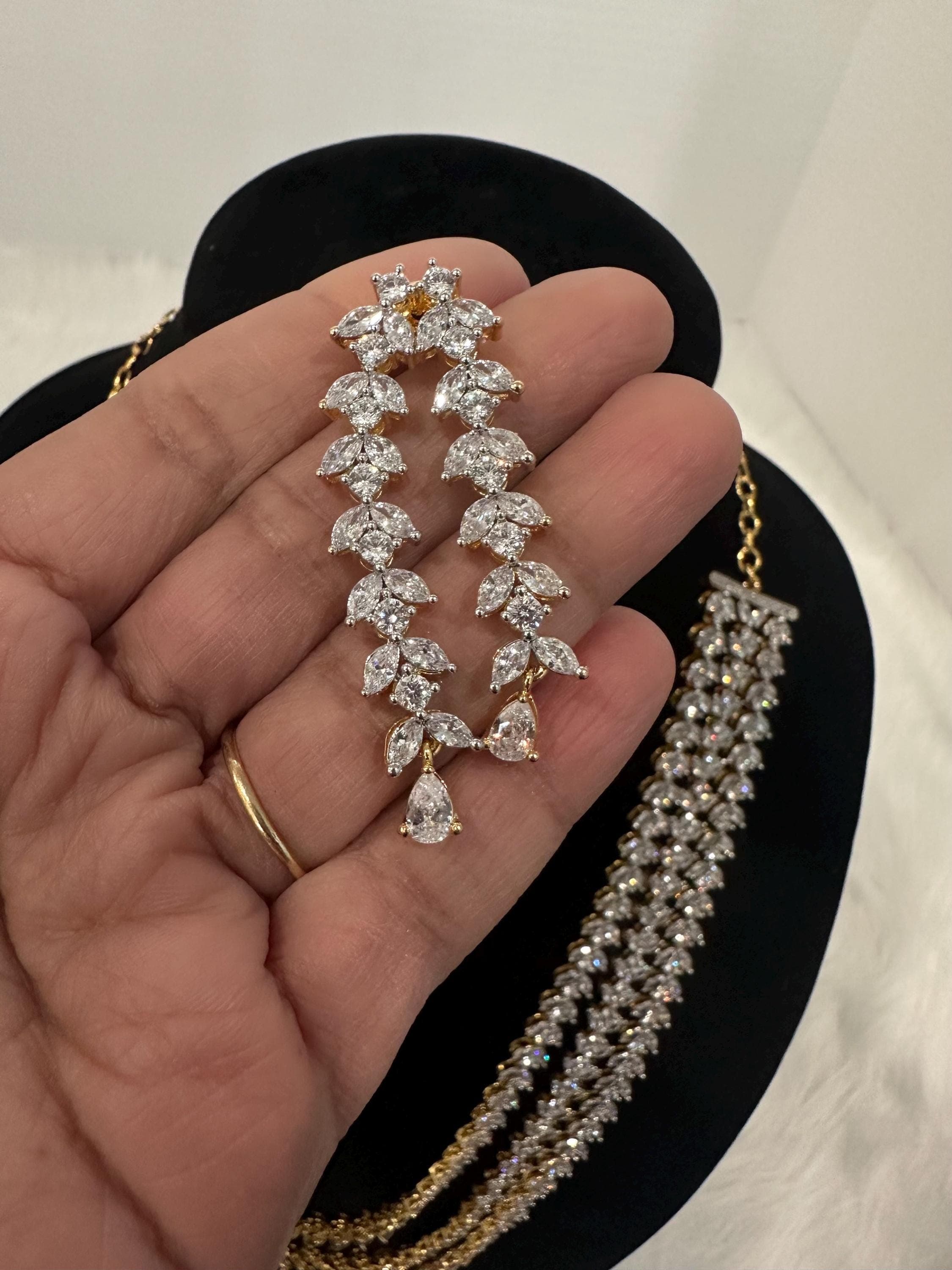 Diamond finish 3 layer haram and earrings/ earrings/ Saree jewelry/ festive/ partywear — view 9