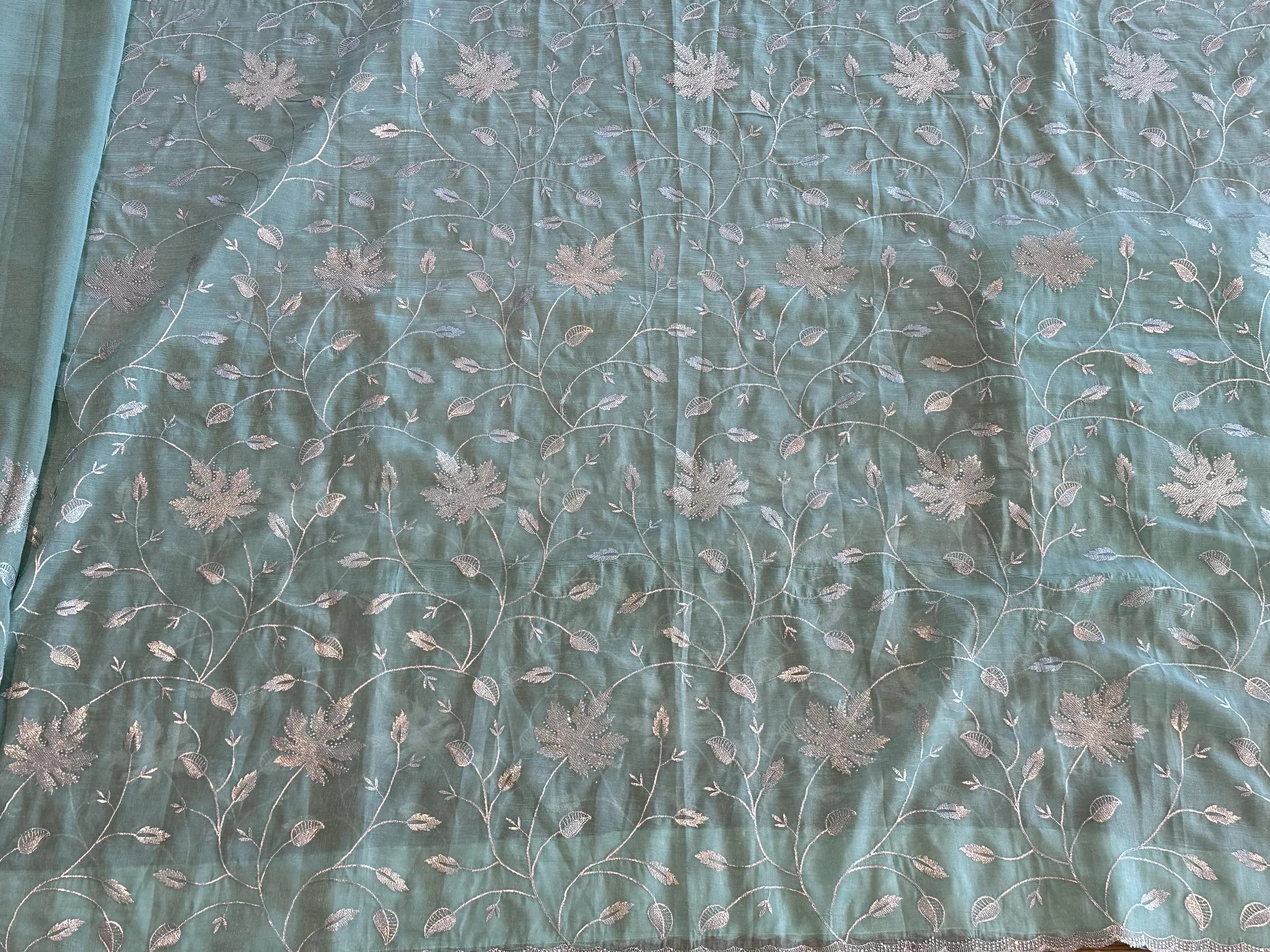 Mint Green Designer Saree with Silver Zari Floral Embroidery | Party Wear Saree — view 7