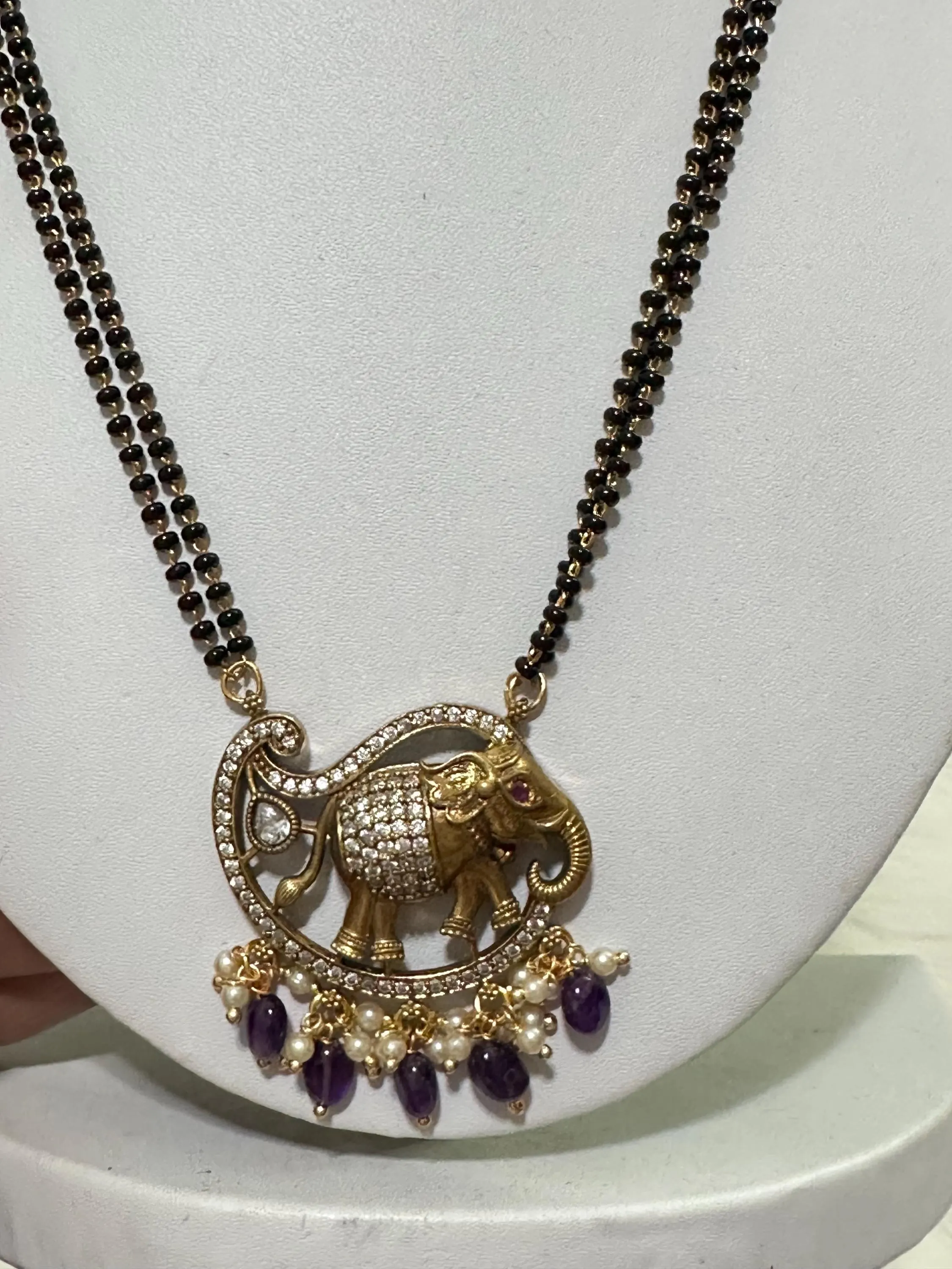 Elephant Black Beads Mangalsutra | Traditional Hindu Necklace with Purple Beads — view 6