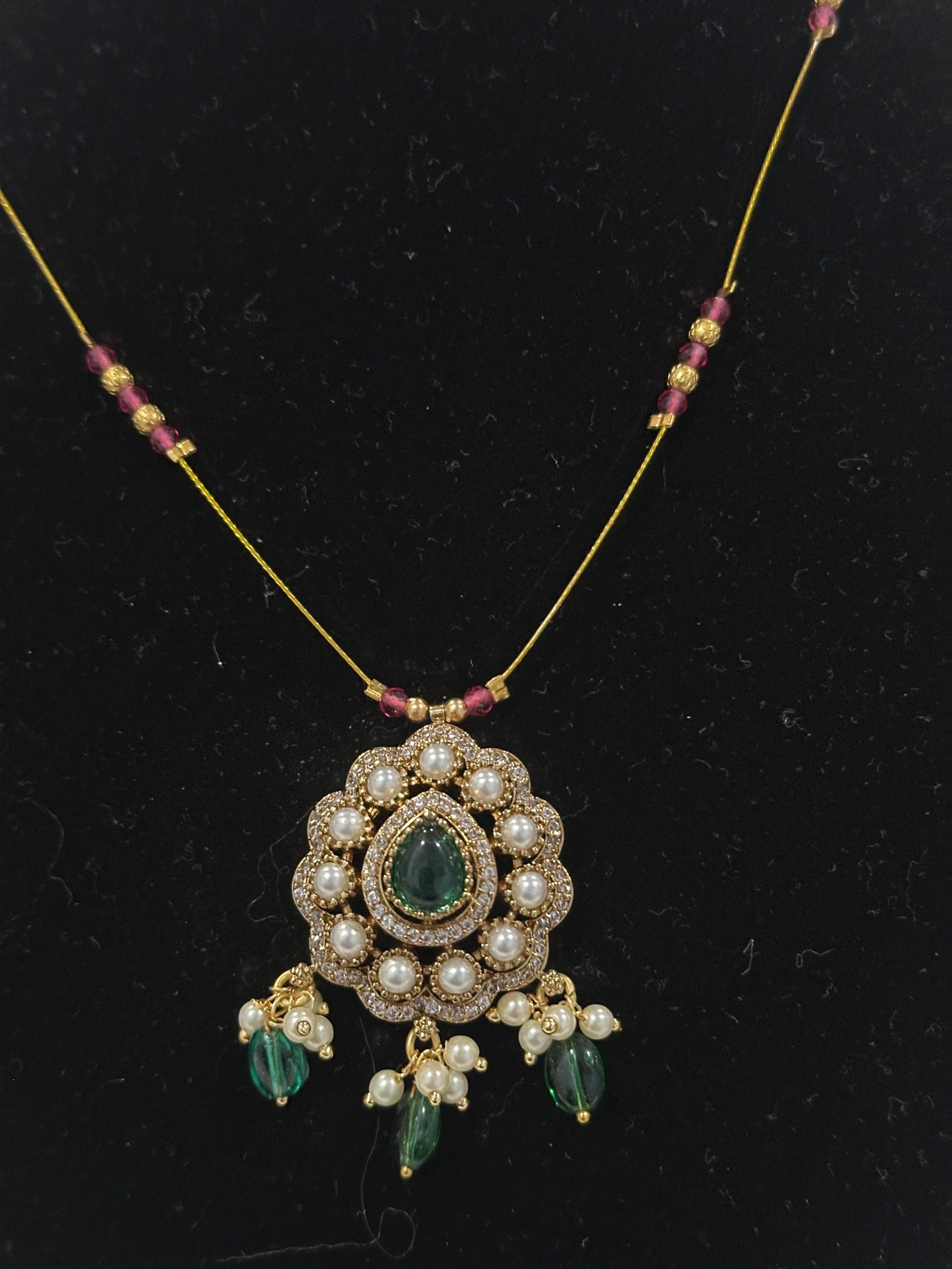 Gold Plated Emerald Pendant Necklace with Pearls and Beads — view 3