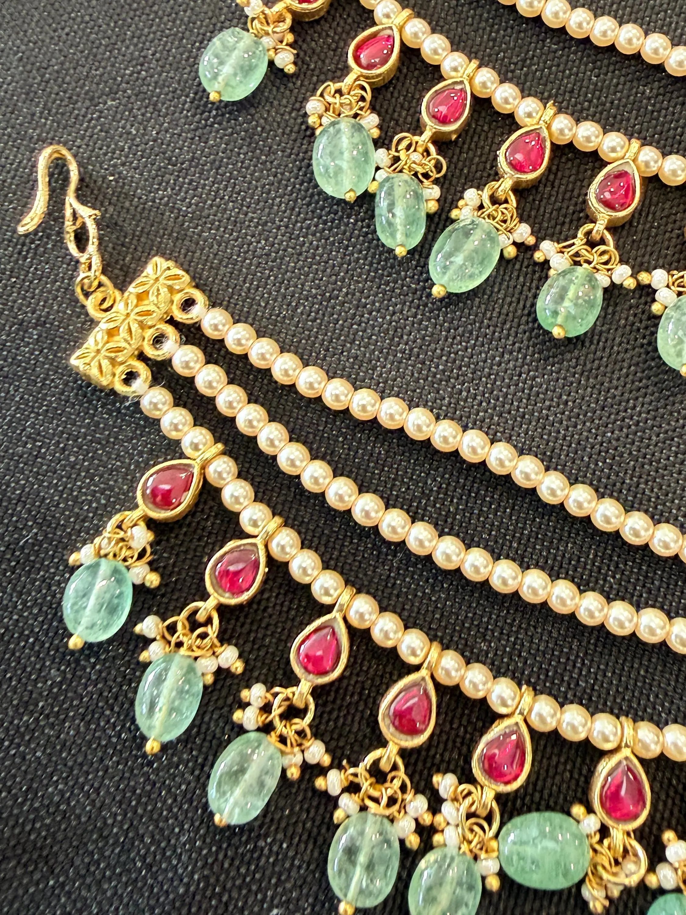 Jadau Kundan Ear Chain | Swarovski Pearl, Ruby, Green Stone | South Indian Bridal Jewelry — view 2