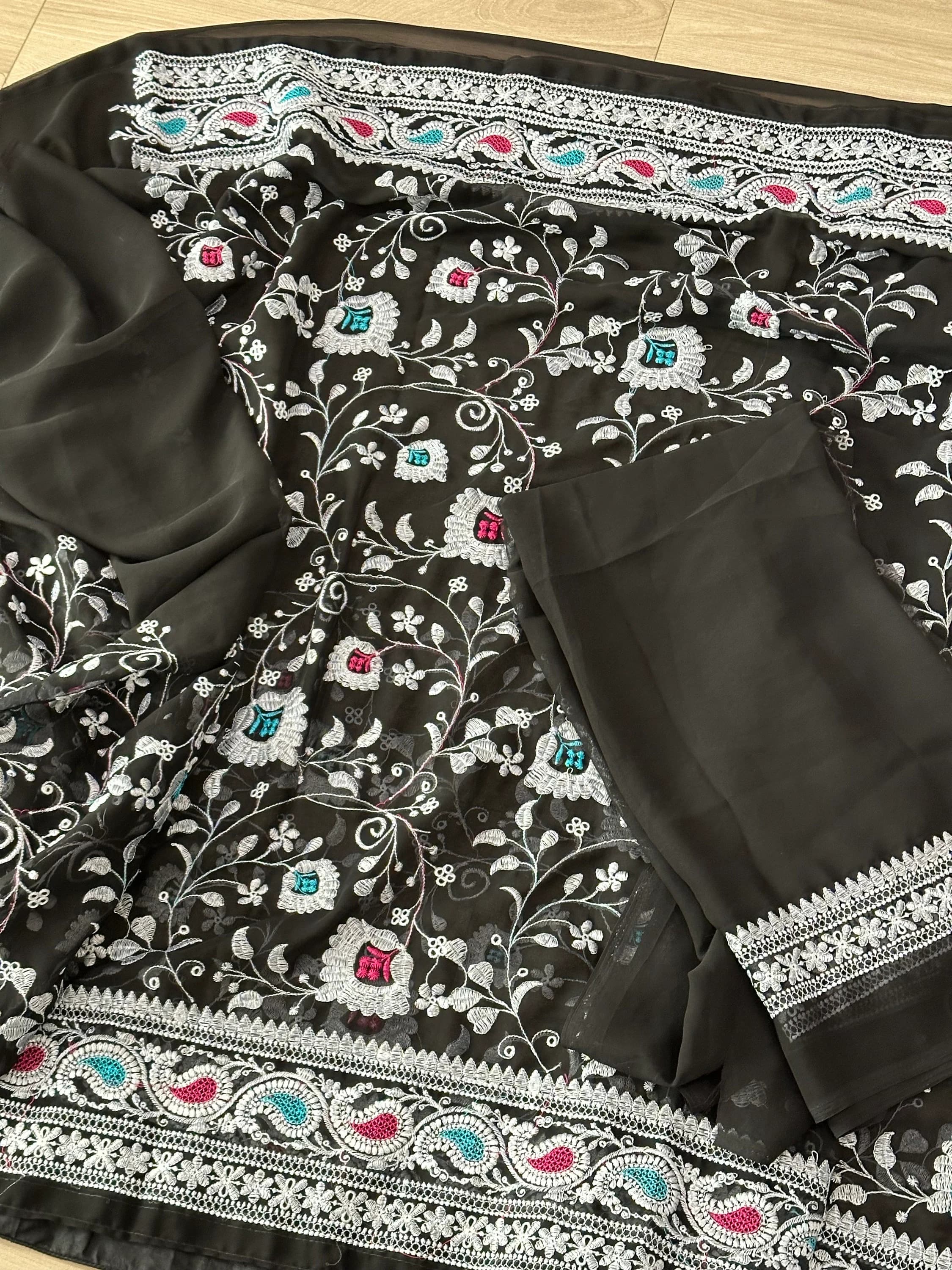 Georgette Saree With Lucknowi Work With Blouse Piece — view 8