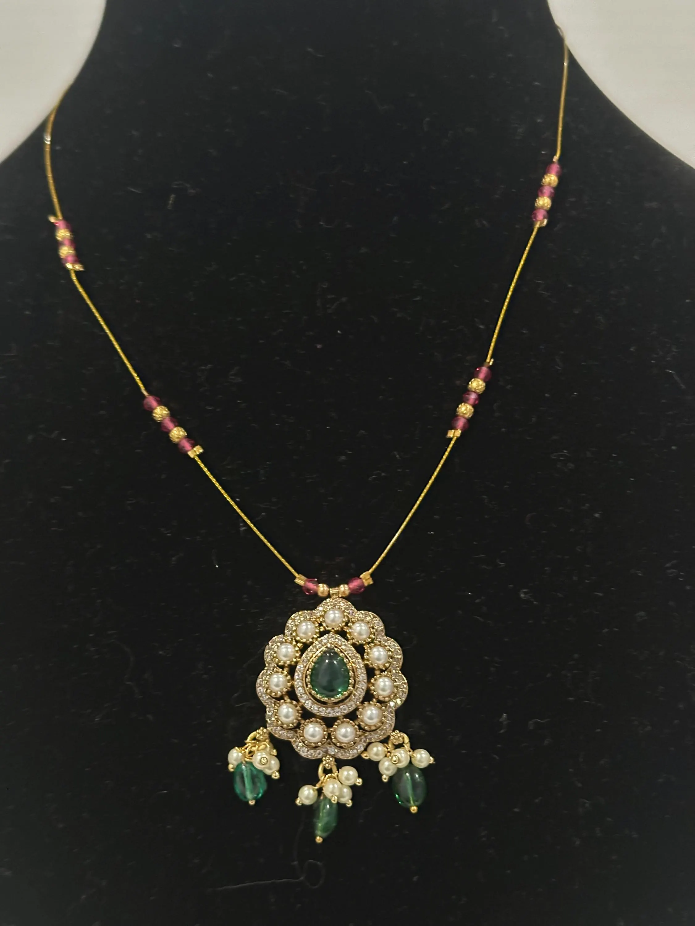 Gold Plated Emerald Pendant Necklace with Pearls and Beads — view 2