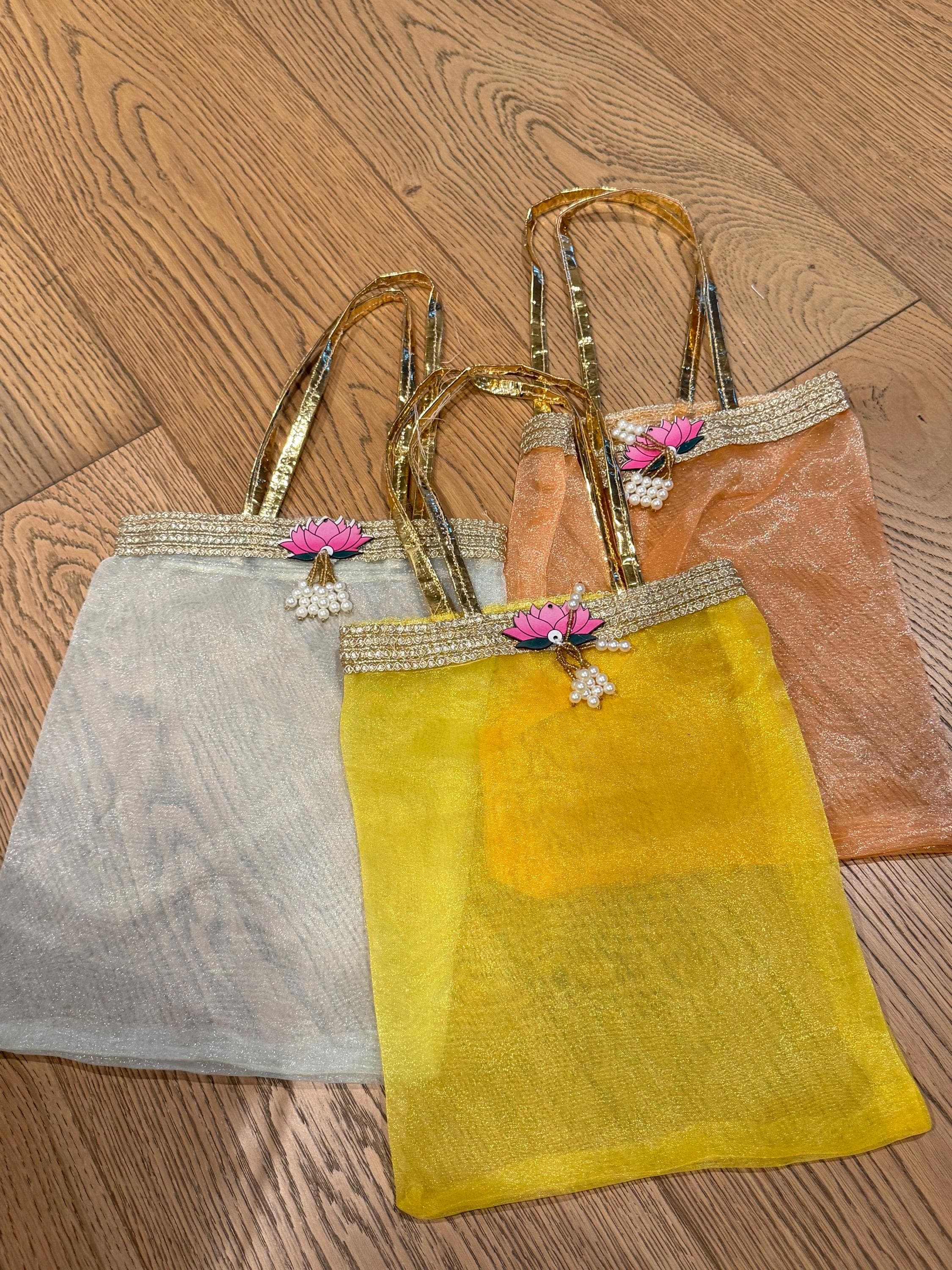 Organza Gift Bags with Lotus Charm | Indian Return Gifts | Wedding Favor Bags | Lavi Fashions — view 3