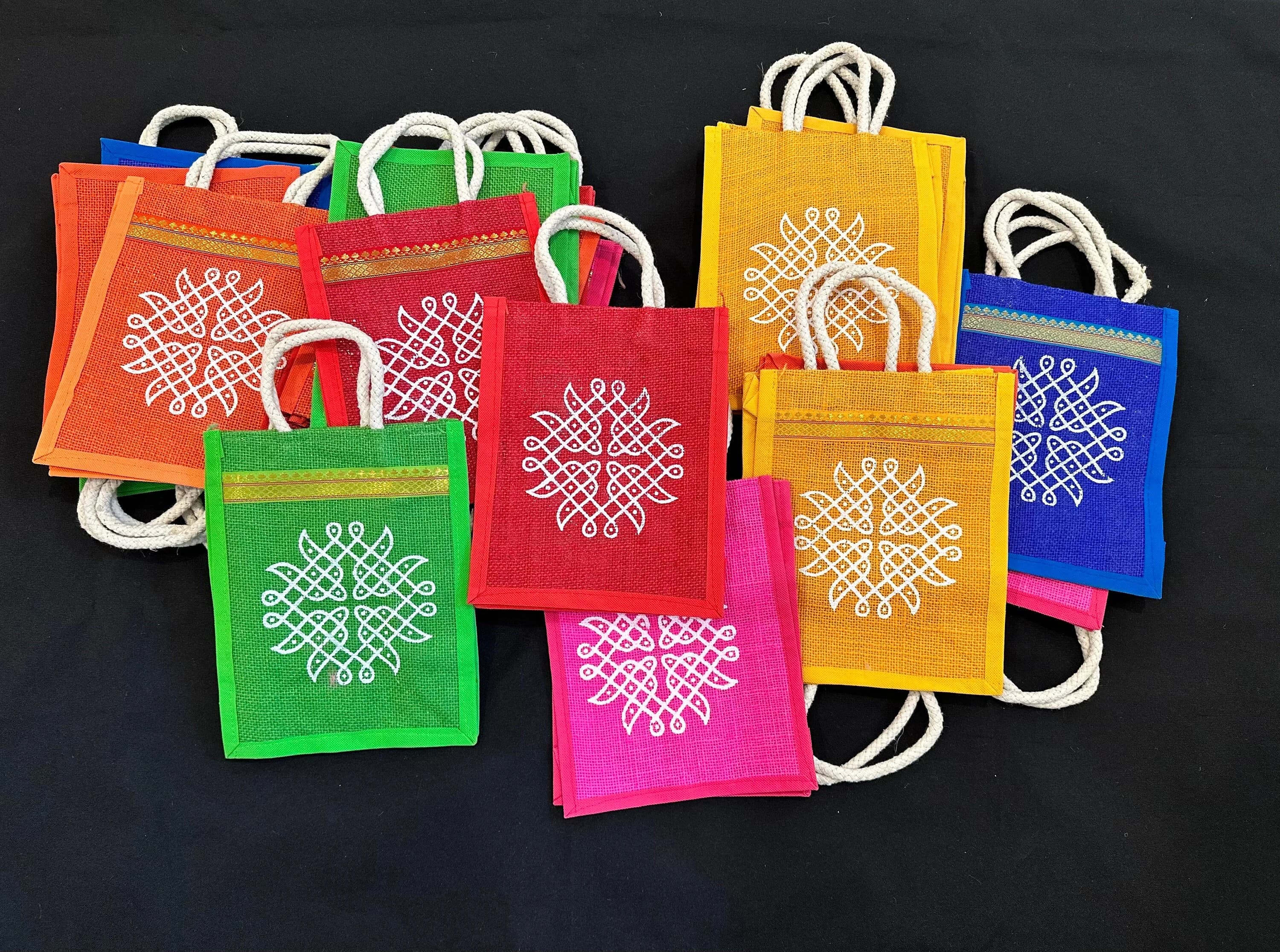 PREORDER – Pack of 10 Rangoli/Kolam Jute Tambulam Bags | Wedding Return Gift Bags | Reusable Jute Handbags — view 1