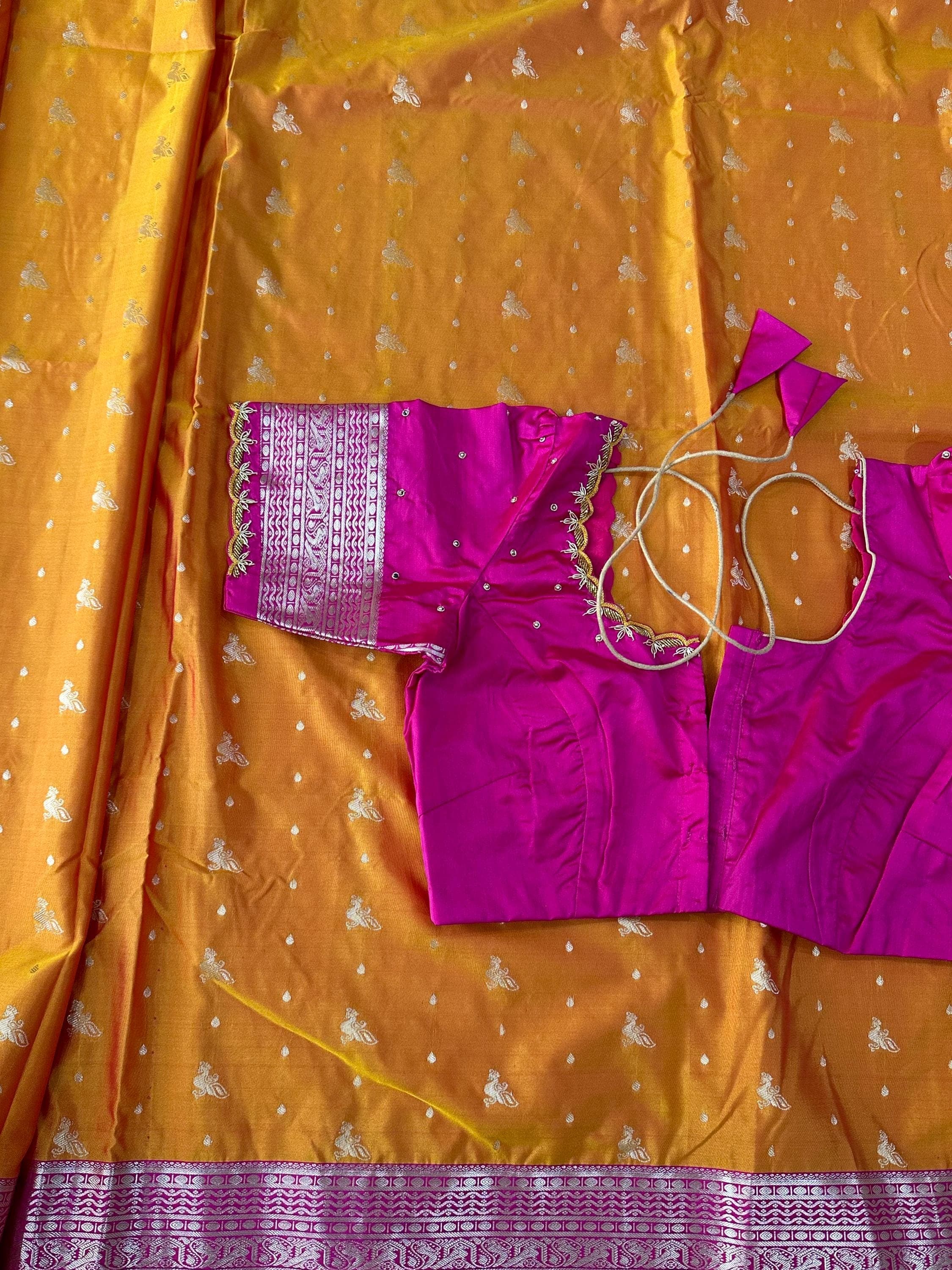 Soft Silk Semi Pattu Saree with Maggam Work Stitched Blouse | Ready to Wear Saree Set | Indian Wedding, Party, Festive Wear — view 6