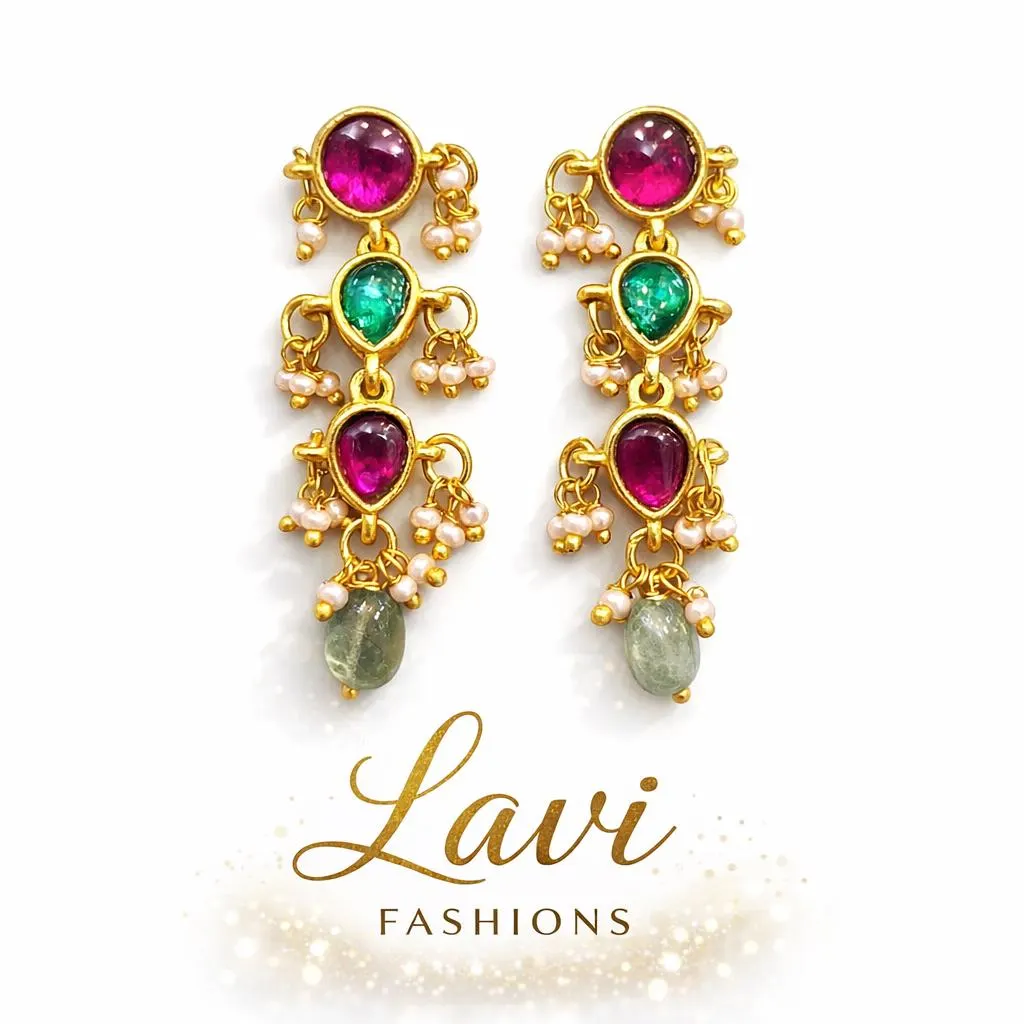 Pink Green Kundan Jadau Earrings | Indian Bridal Pearl Jewelry — view 1