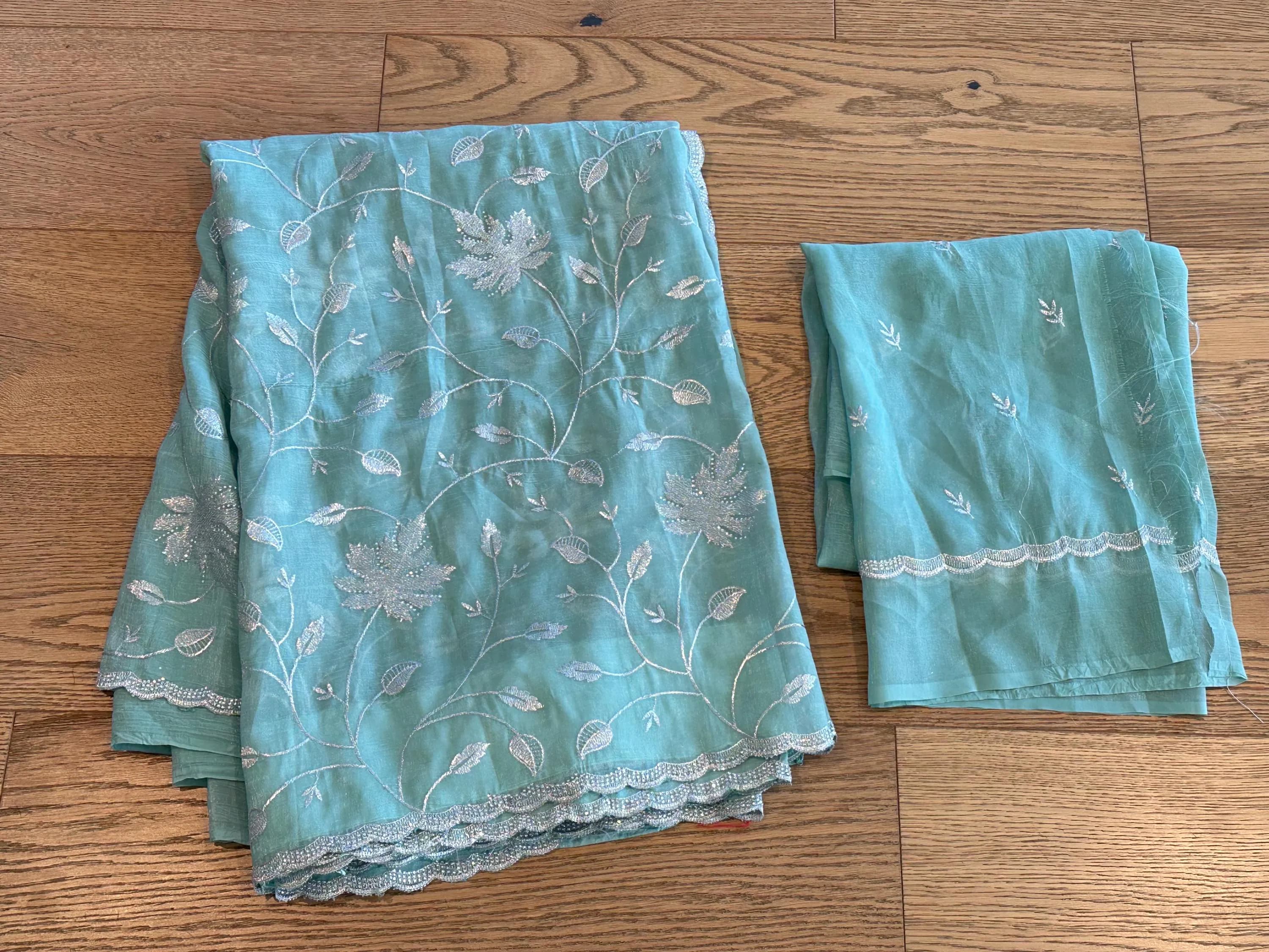 Mint Green Designer Saree with Silver Zari Floral Embroidery | Party Wear Saree — view 5