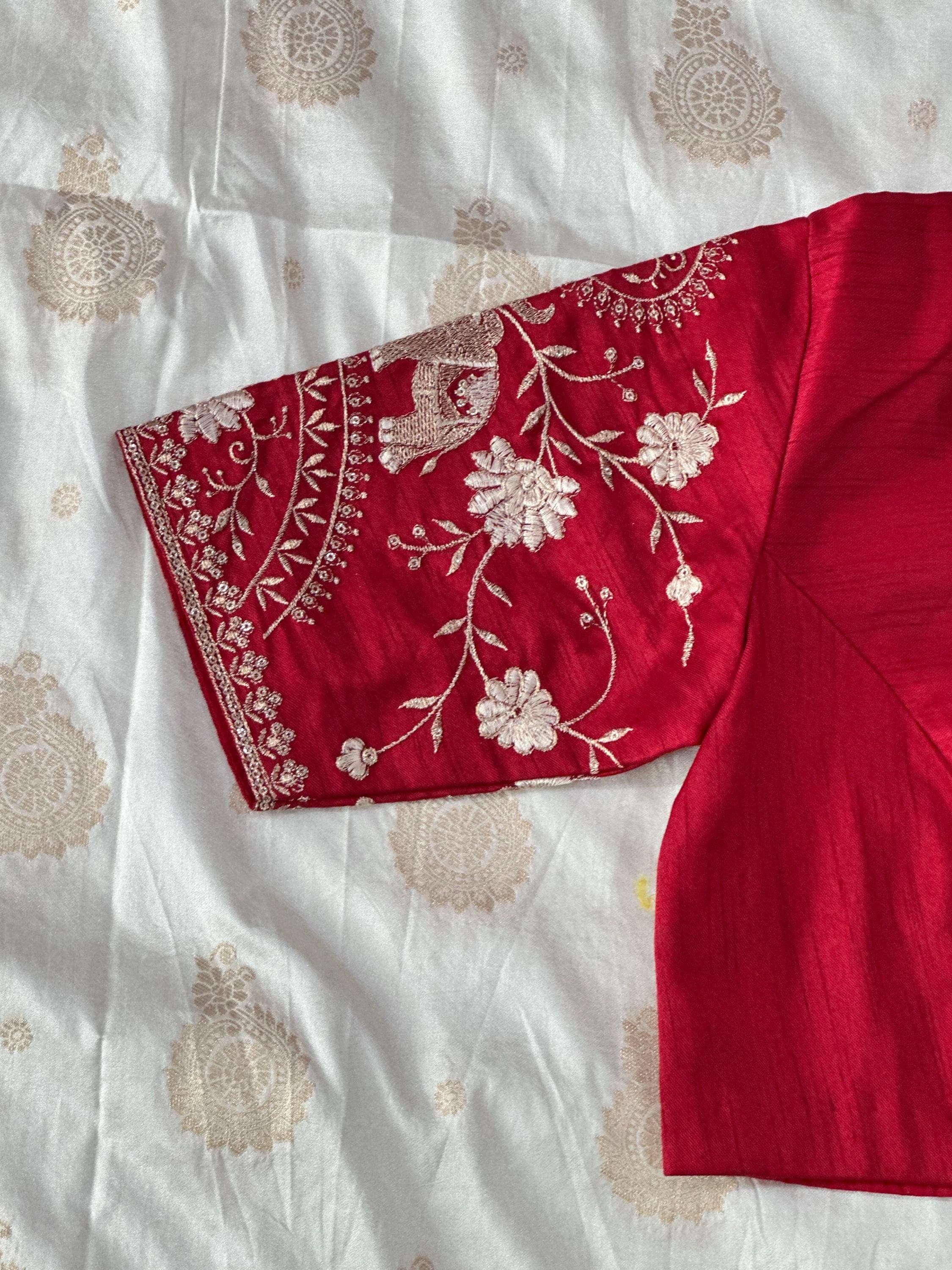 Banarasi Silk Saree with All Over Weaving | Contrast Embroidery Border, Stitched Blouse — view 9