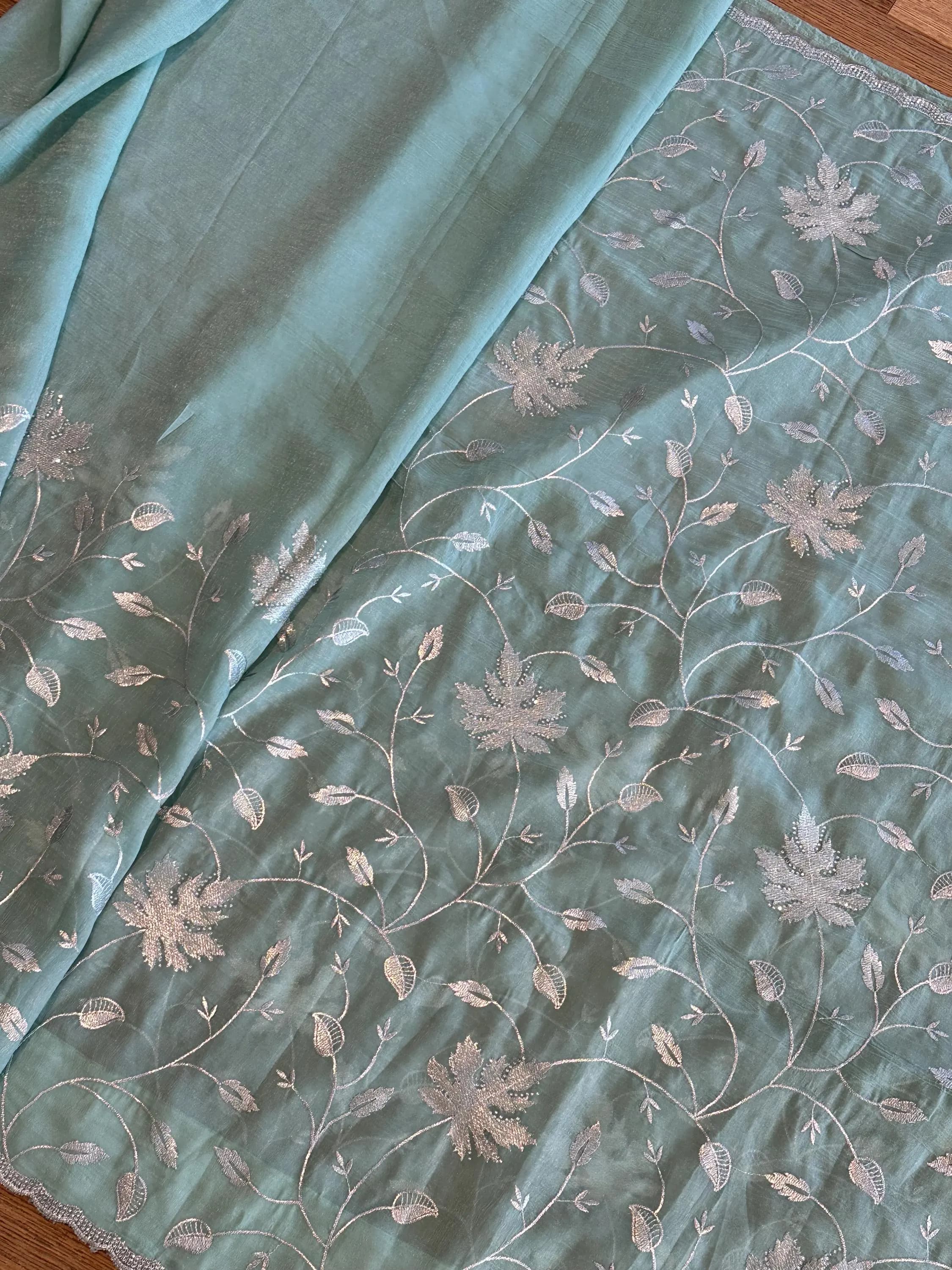 Mint Green Designer Saree with Silver Zari Floral Embroidery | Party Wear Saree — view 4