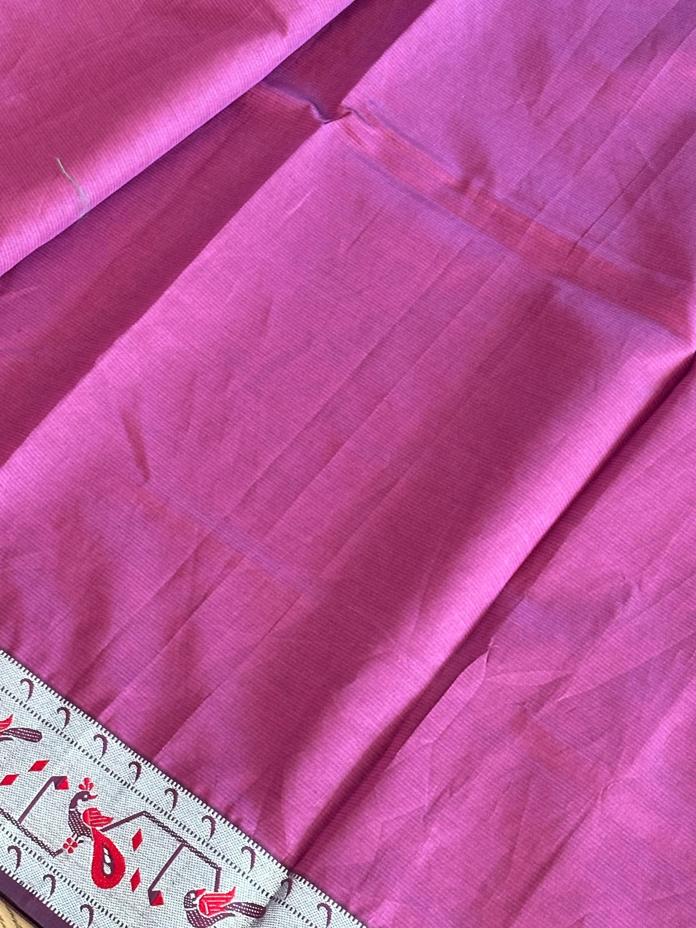 Pure Mangalagiri Handloom Silk Saree | Silver Zari Peacock Border, Blouse Piece — view 2