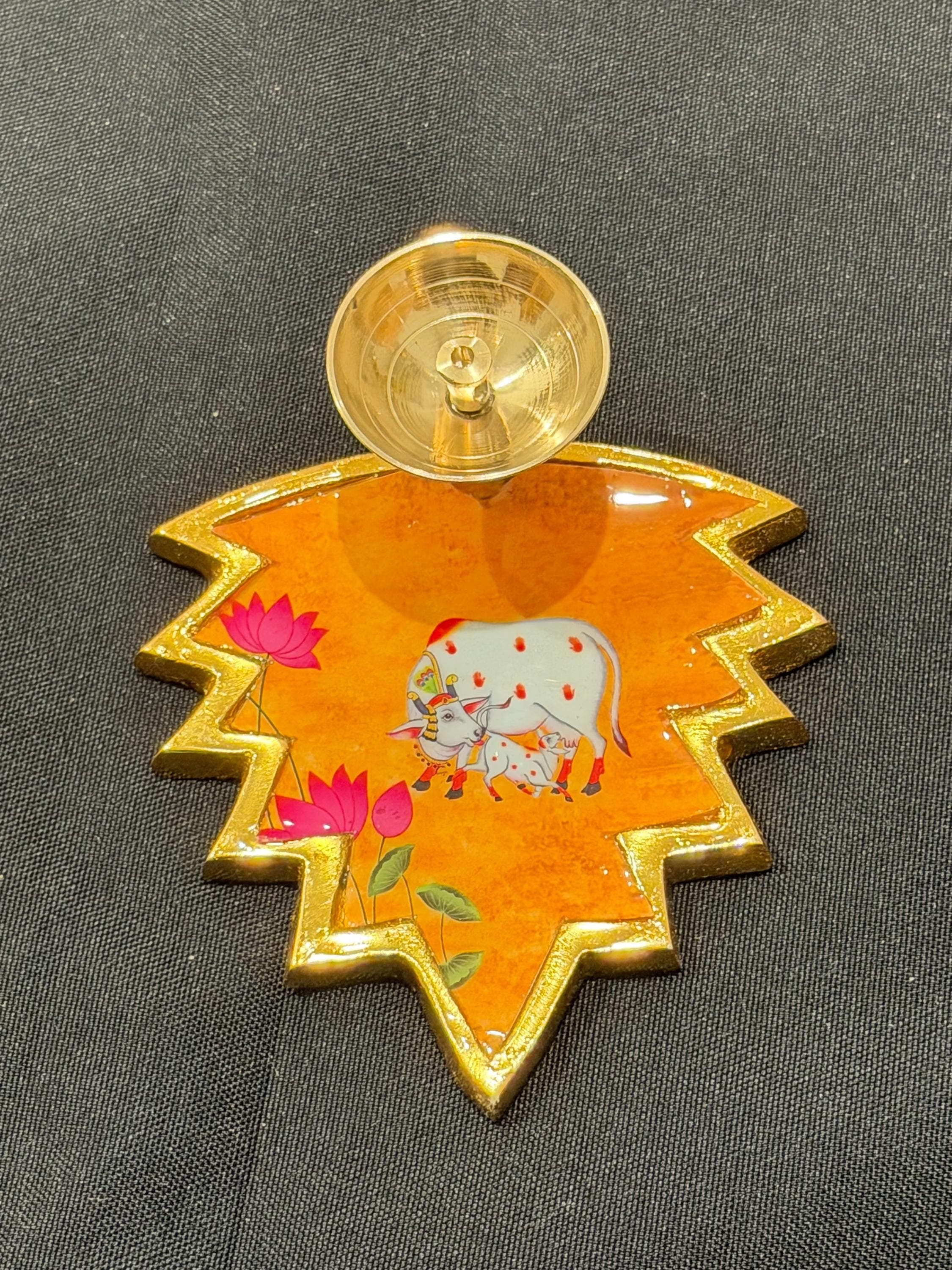 Pichwai Hand Painted Brass Diya – Cow Lotus Pooja Decor, Indian Diwali Gift — view 3