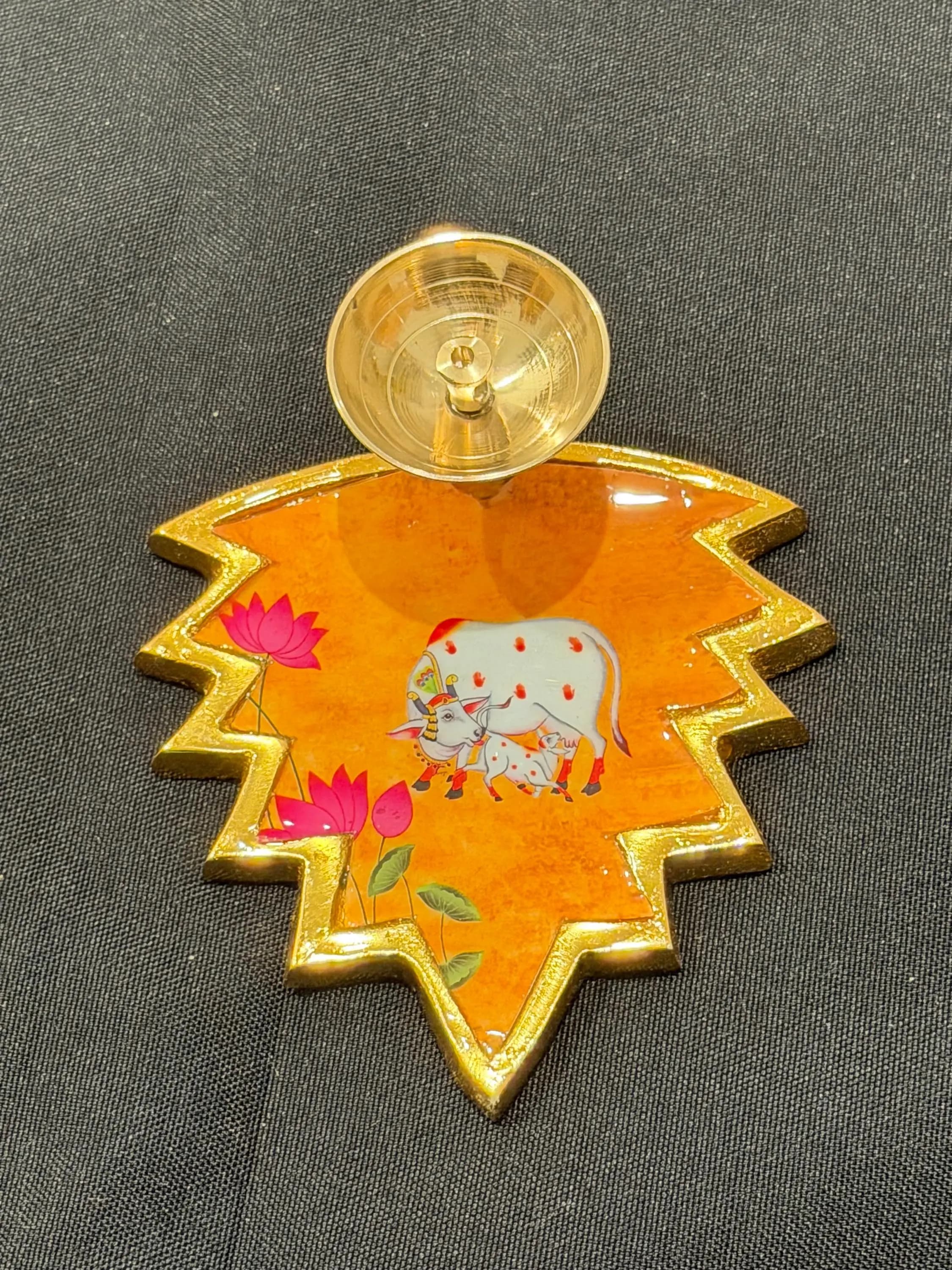 Pichwai Hand Painted Brass Diya – Cow Lotus Pooja Decor, Indian Diwali Gift — view 3
