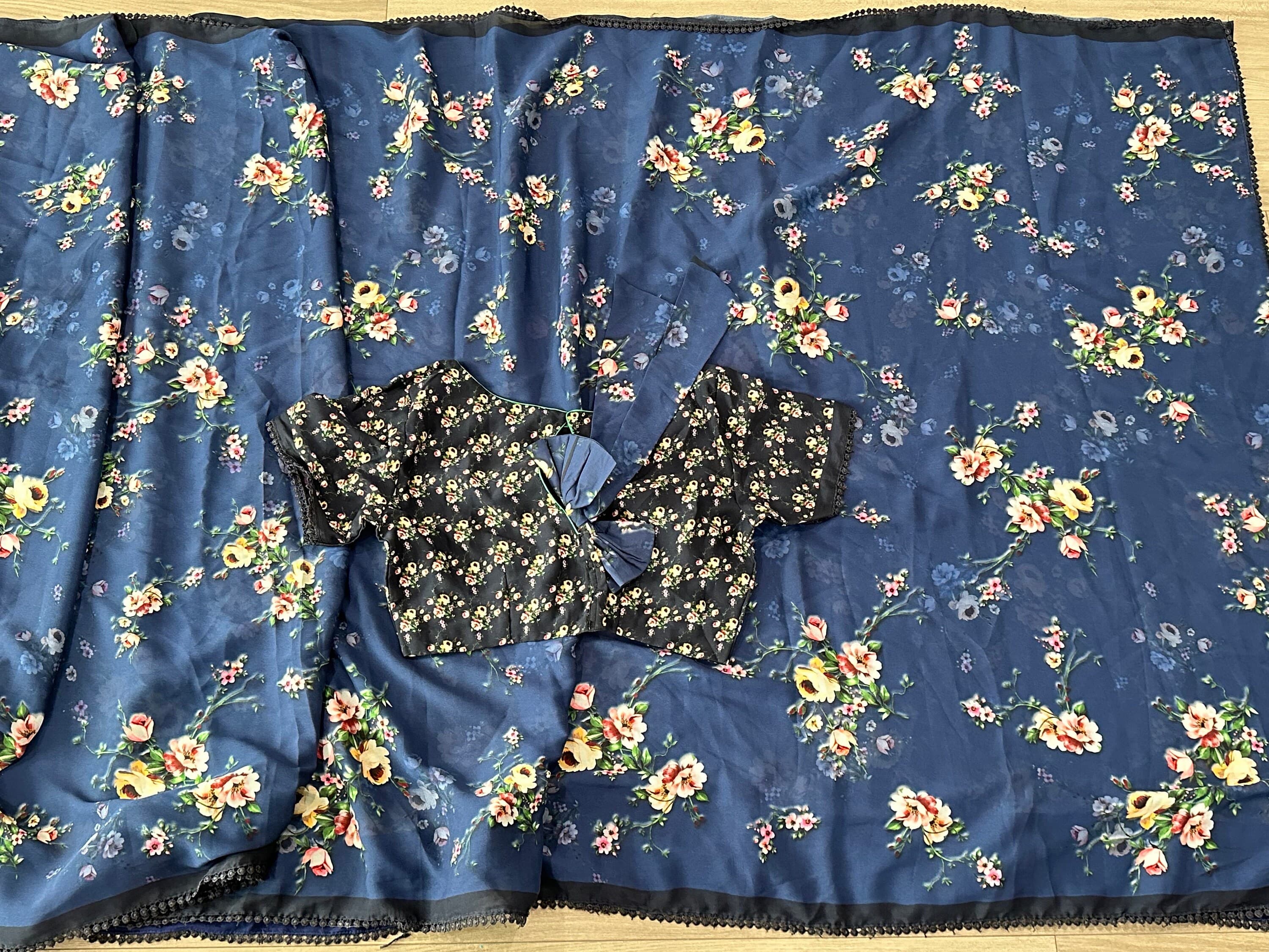 Pure Crepe Floral Printed Blue Saree With Stitched Blouse — view 3