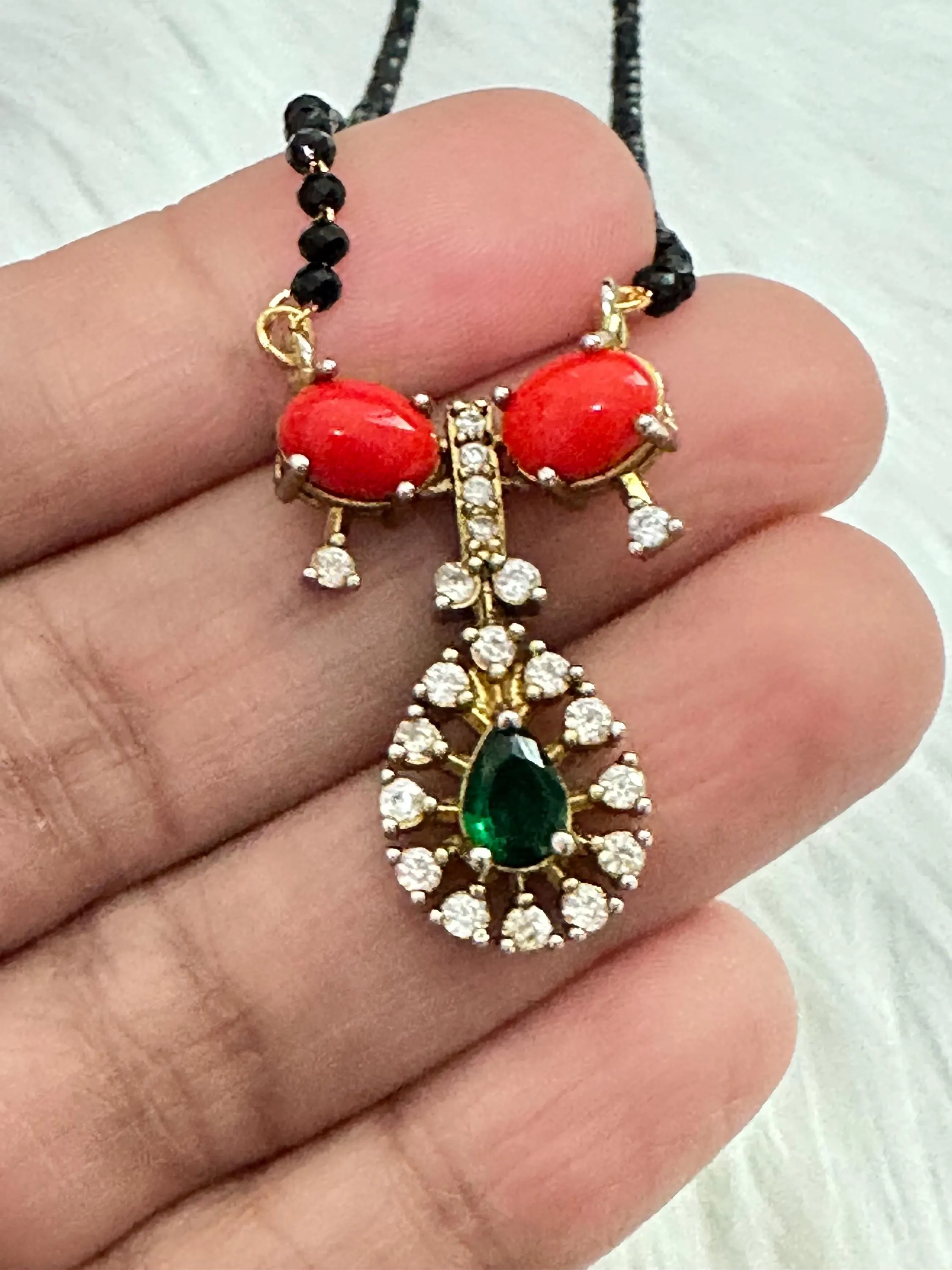 Black Bead Mangalsutra with Coral and Green Stones | Traditional Hindu Necklace — view 8