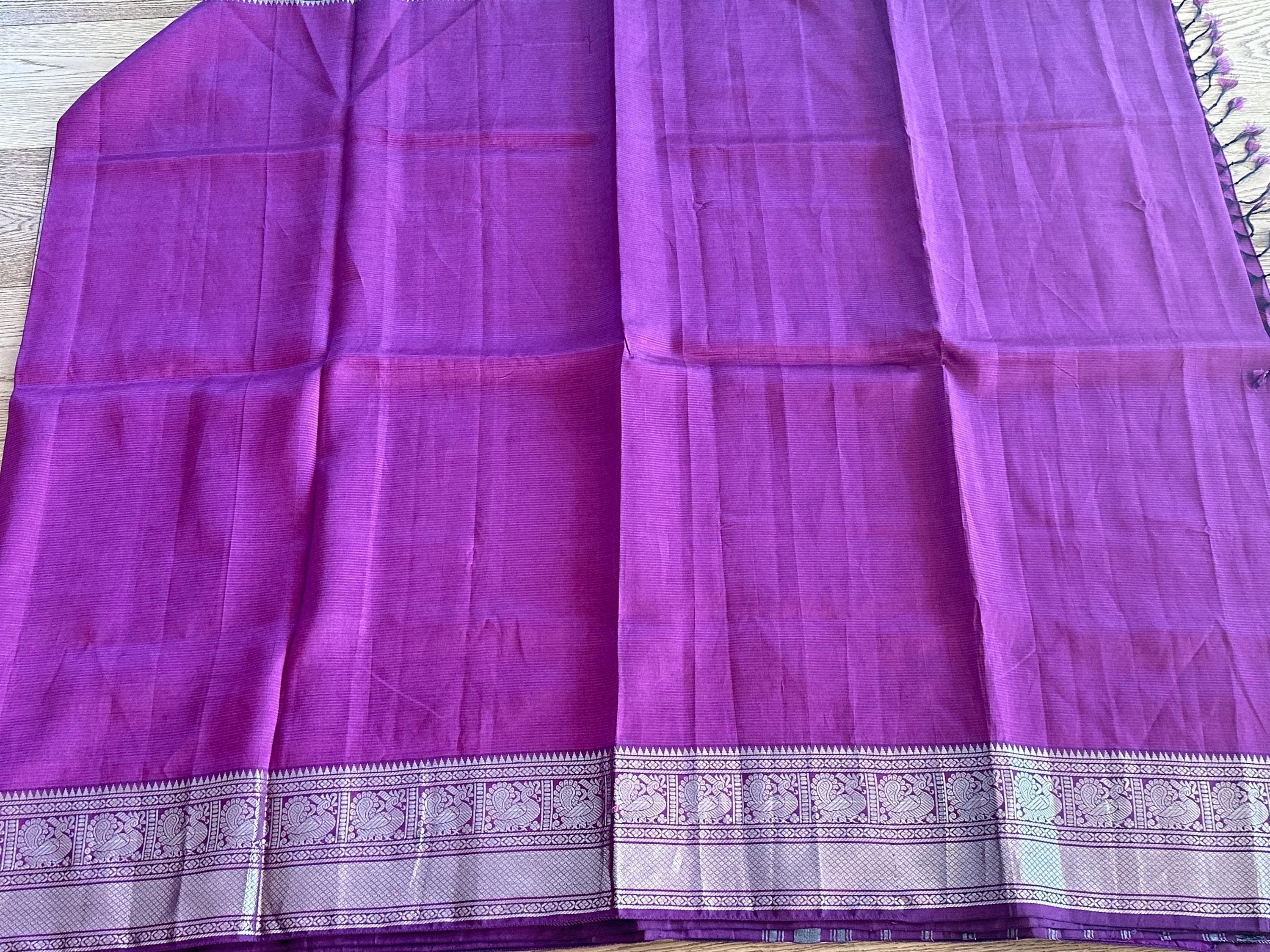 Pure Mangalagiri Handloom Silk Saree | Yellow with Silver Zari Border — view 4
