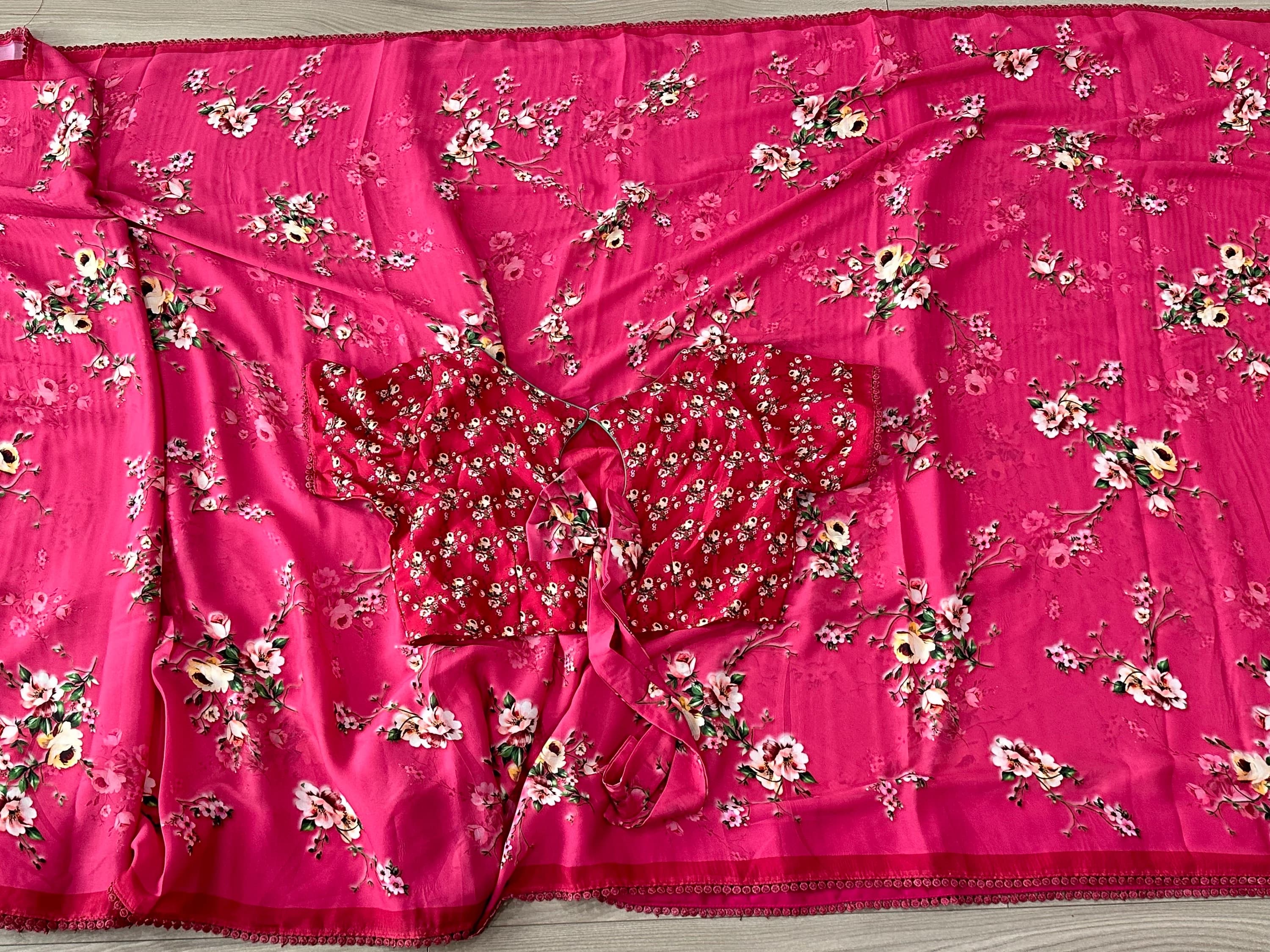 Pure Crepe Floral Printed Pink Saree With Stitched blouse — view 7