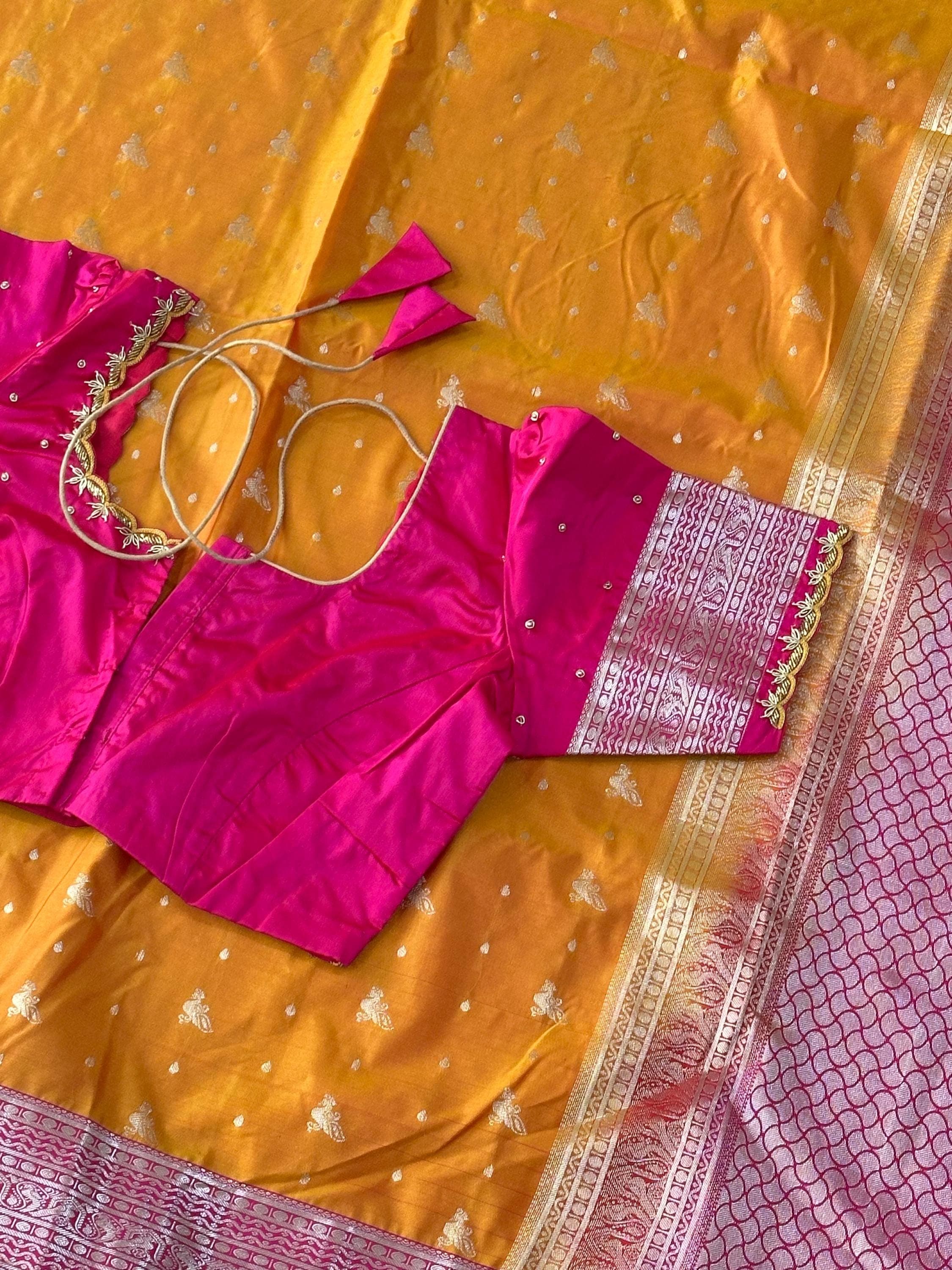 Soft Silk Semi Pattu Saree with Maggam Work Stitched Blouse | Ready to Wear Saree Set | Indian Wedding, Party, Festive Wear — view 3