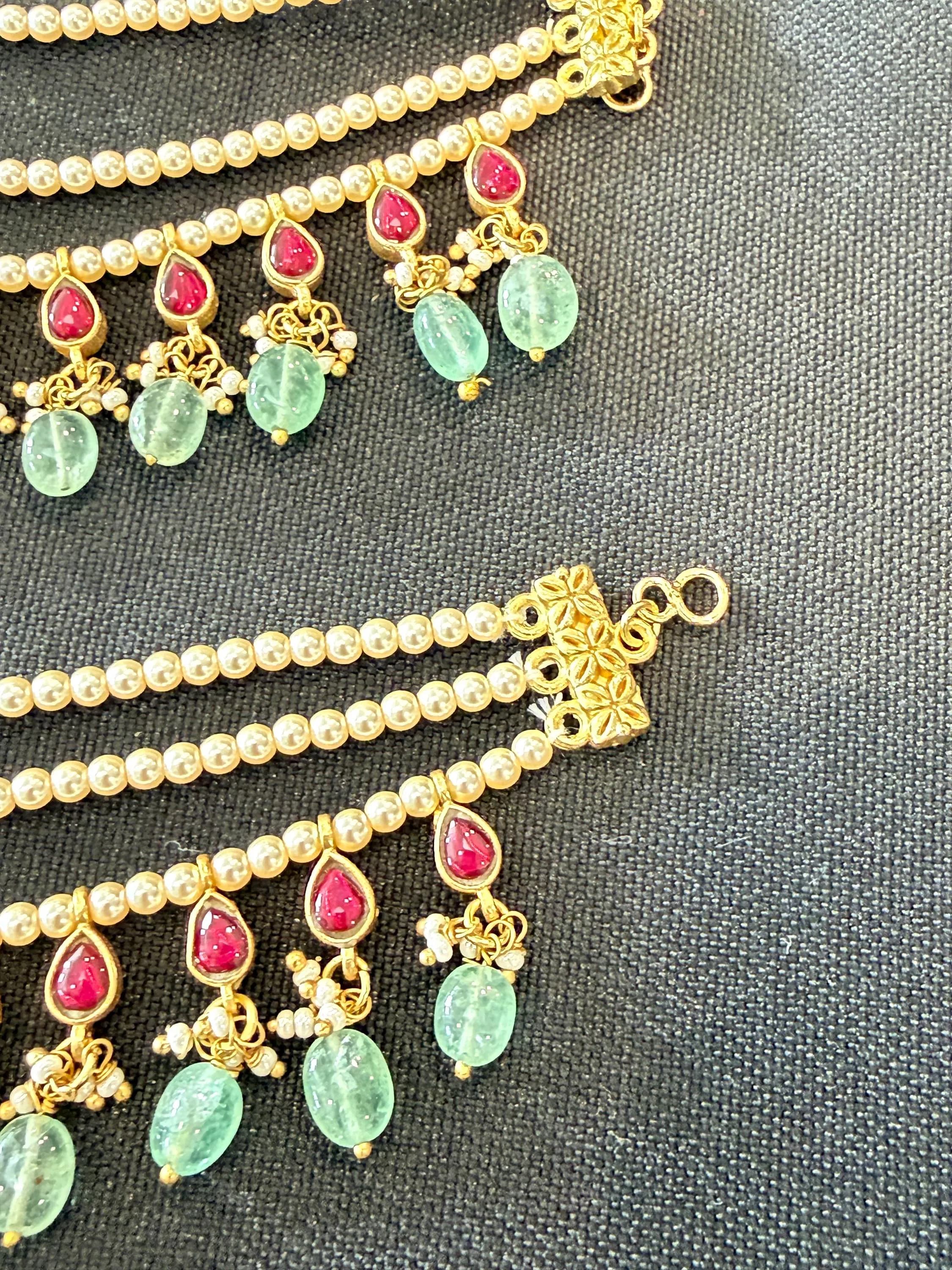 Jadau Kundan Ear Chain | Swarovski Pearl, Ruby, Green Stone | South Indian Bridal Jewelry — view 4