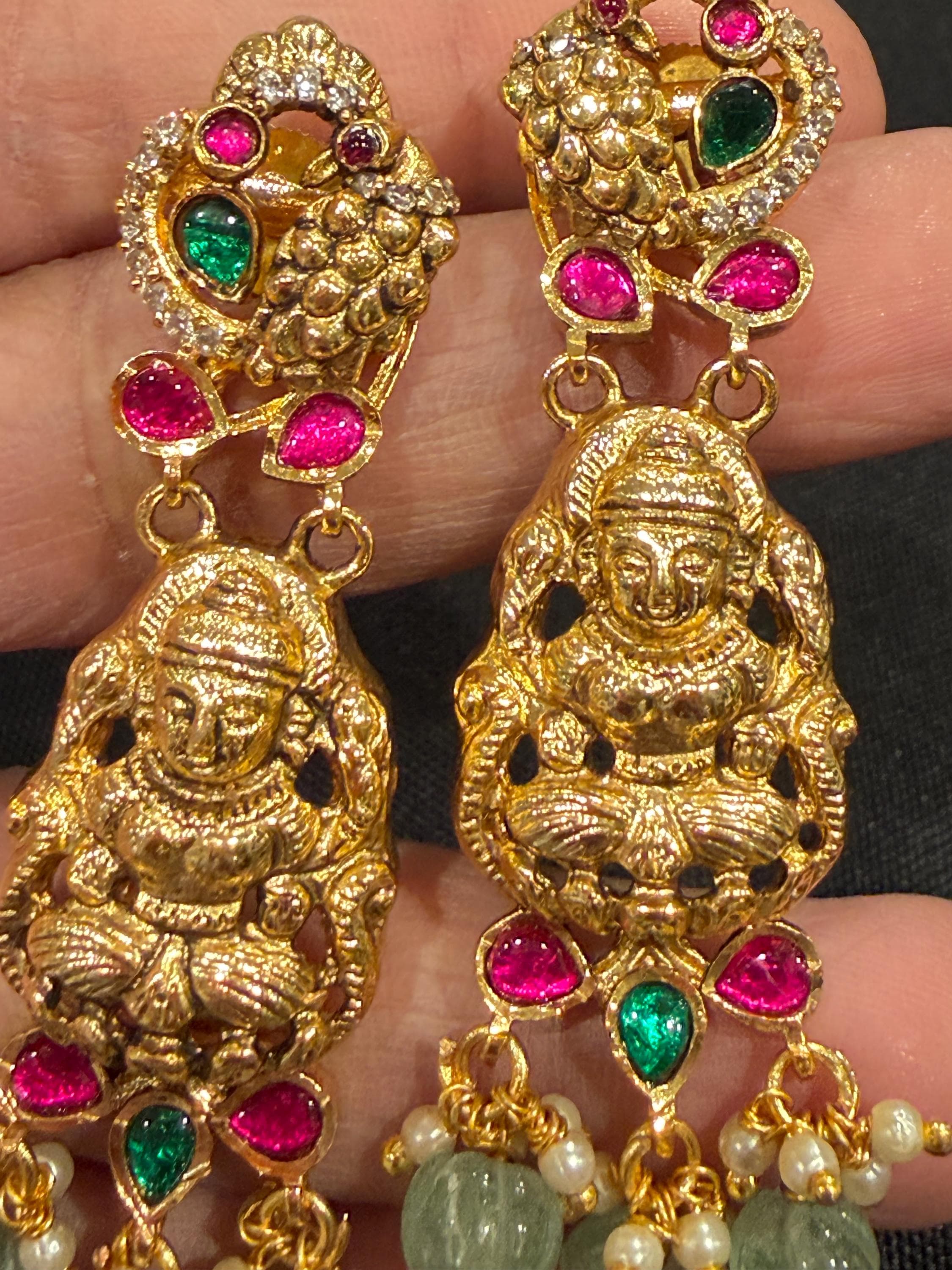 Lakshmi Jadau Kundan Earrings | Temple Jewelry with Pearl Drops — view 5