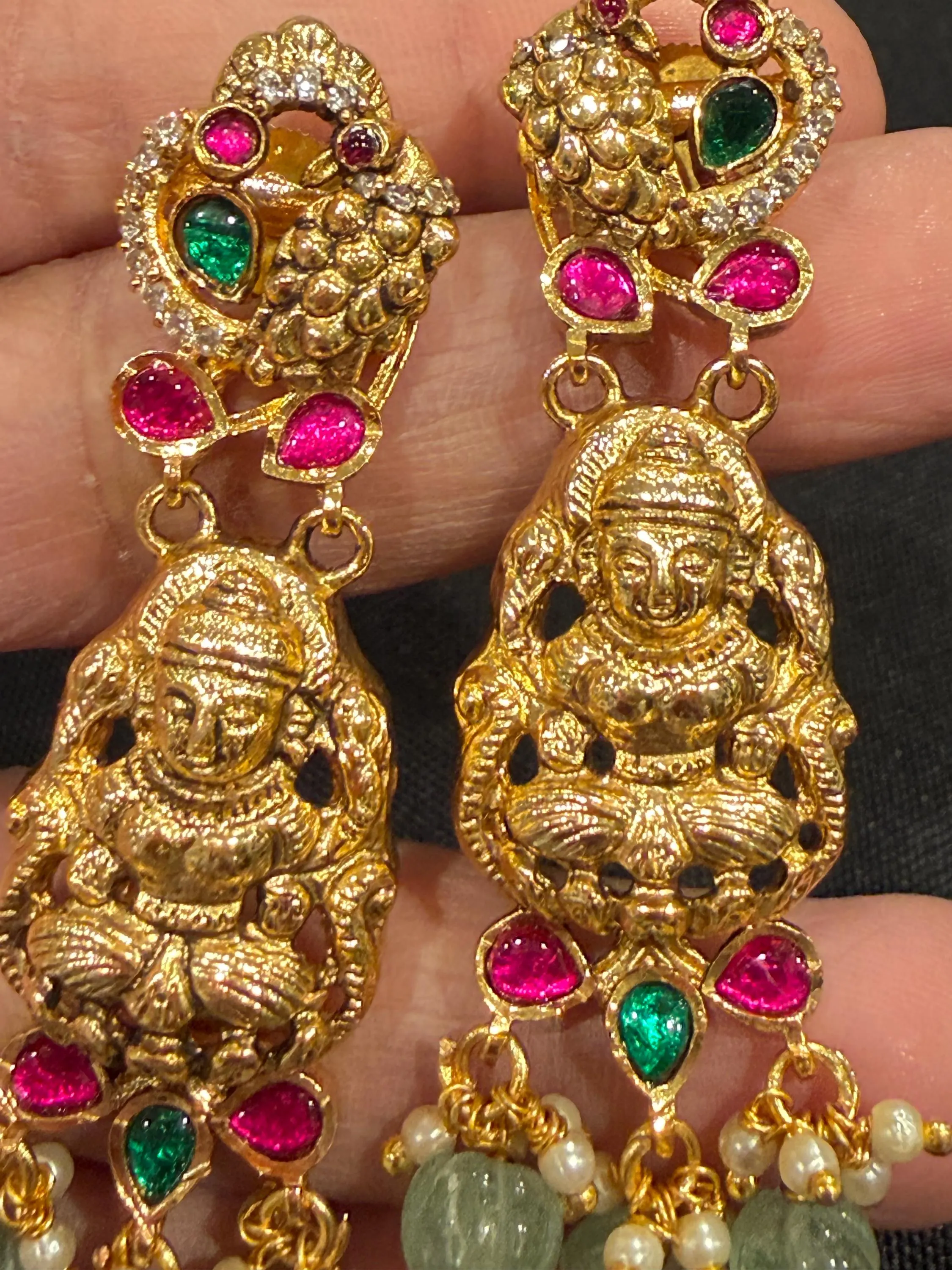 Lakshmi Jadau Kundan Earrings | Temple Jewelry with Pearl Drops — view 5