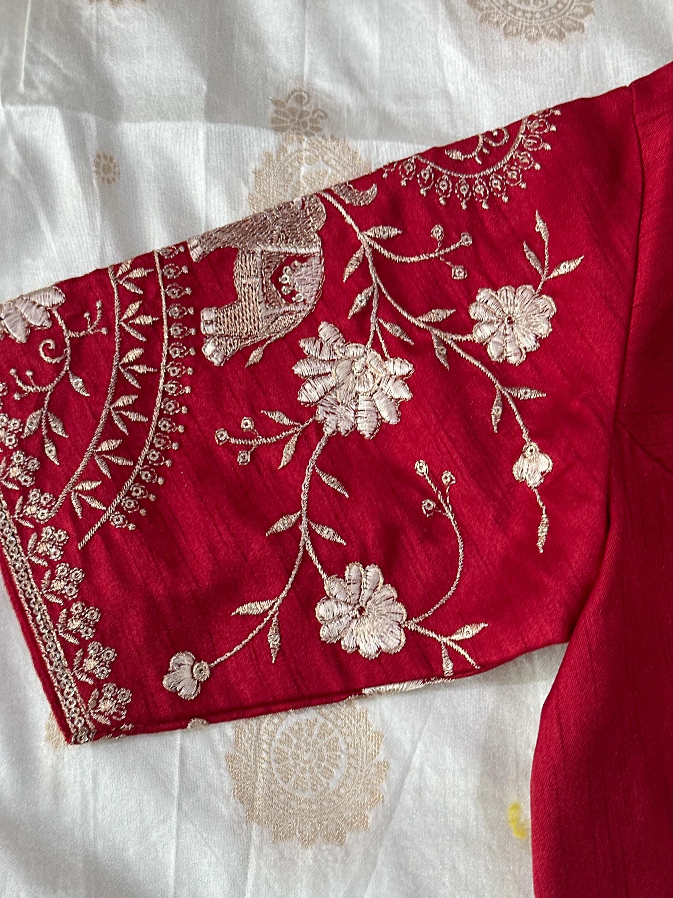 Banarasi Silk Saree with All Over Weaving | Contrast Embroidery Border, Stitched Blouse — view 6