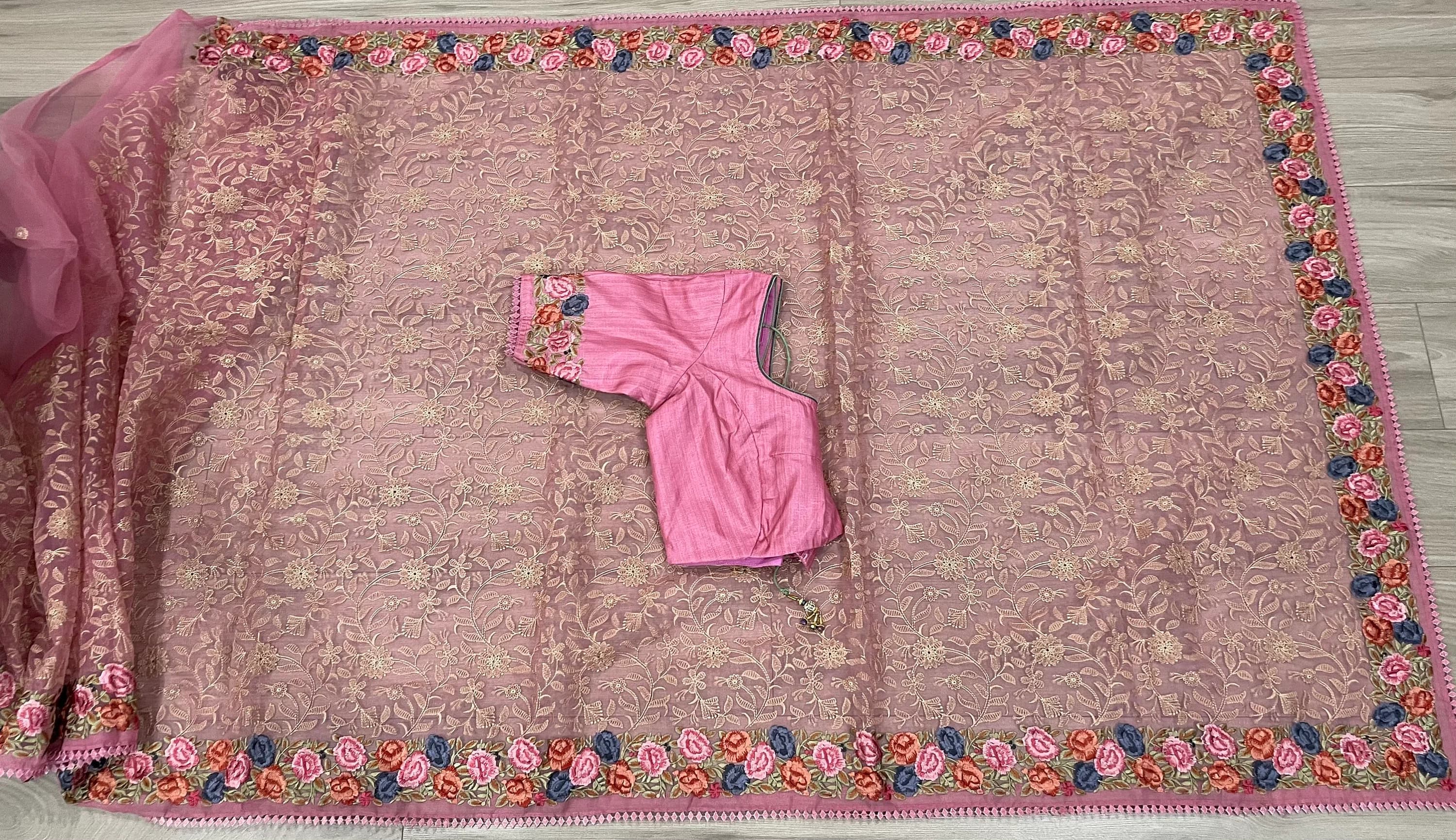 Organza Chikankari Parsi Embroidery Work Saree With Stitched Blouse — view 3