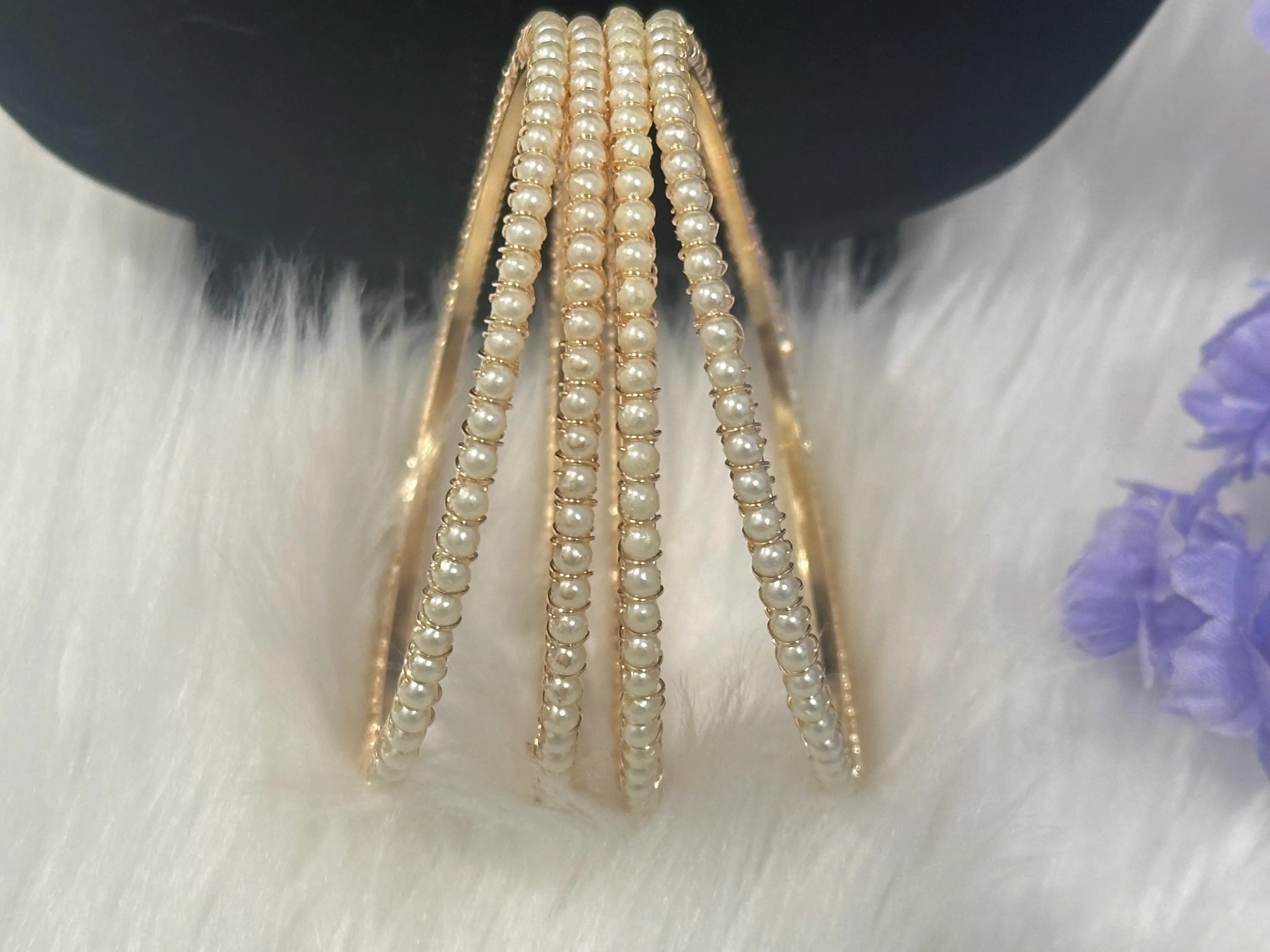 Gold Finished Shell Pearl Bangles Set (4 Pieces) – Indian Saree Jewelry — view 3