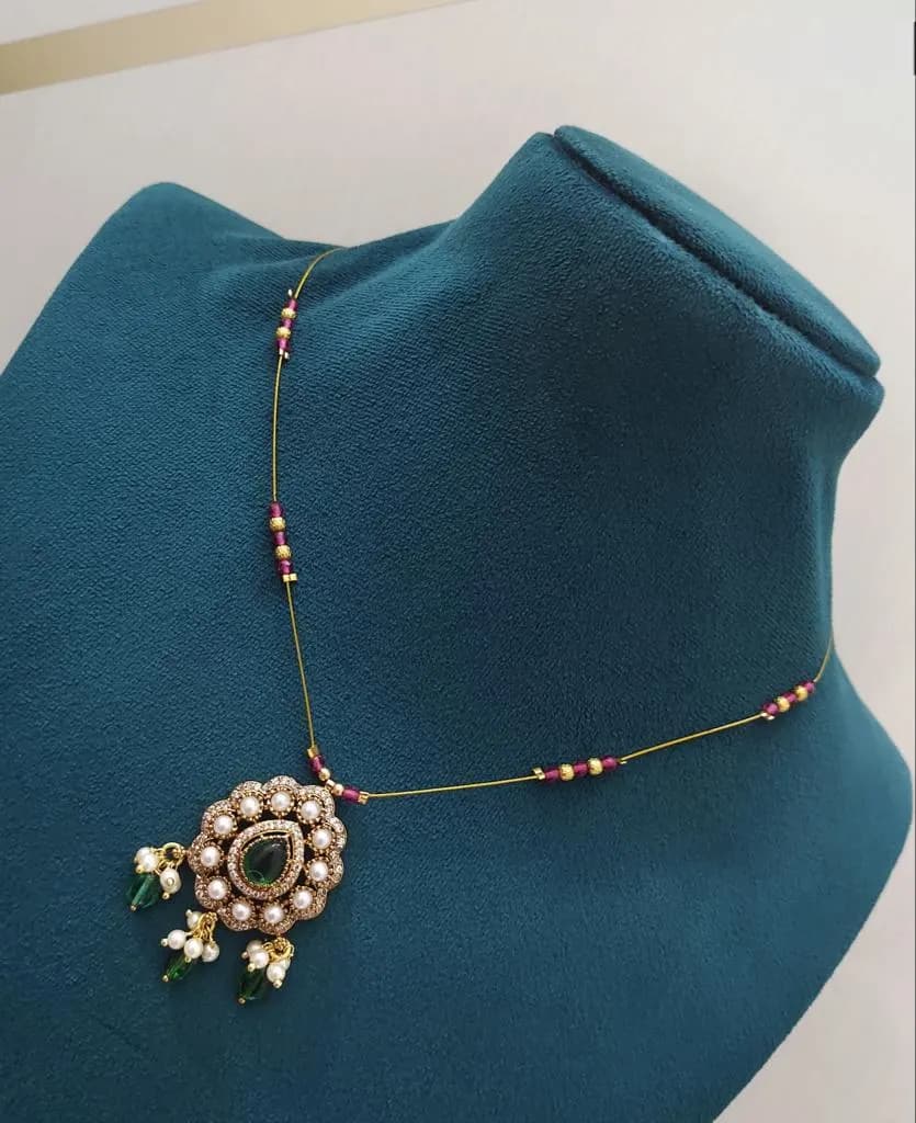 Gold Plated Emerald Pendant Necklace with Pearls and Beads — view 5