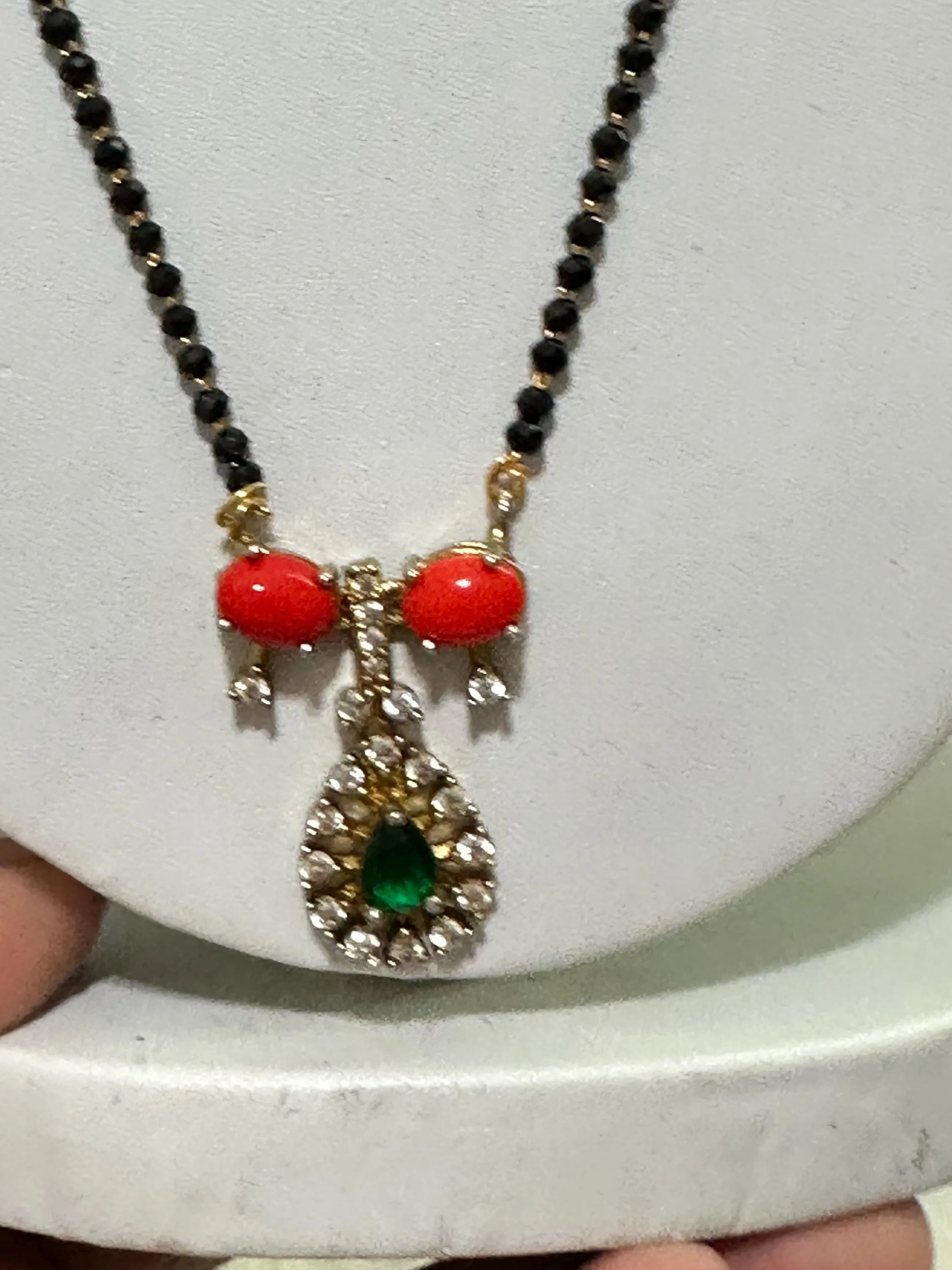 Black Bead Mangalsutra with Coral and Green Stones | Traditional Hindu Necklace — view 7