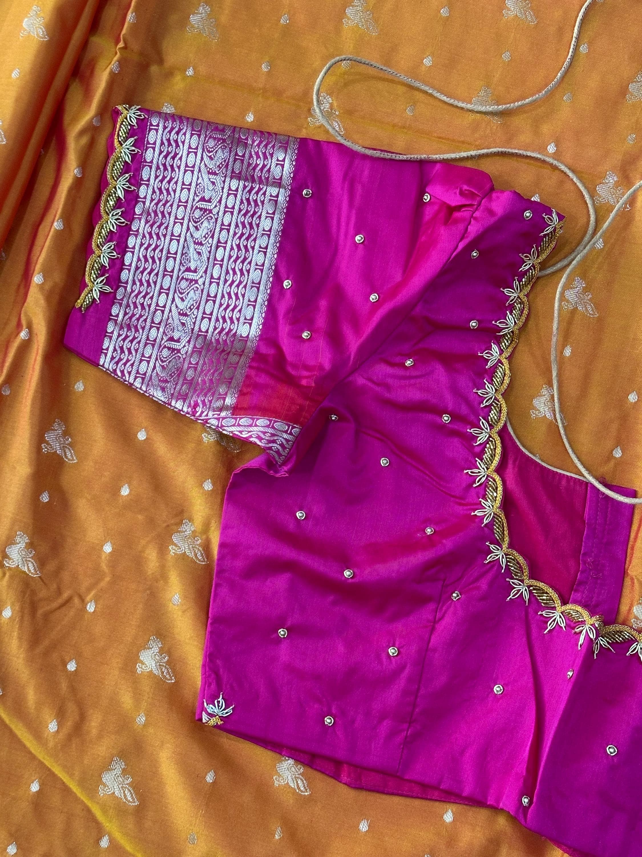 Soft Silk Semi Pattu Saree with Maggam Work Stitched Blouse | Ready to Wear Saree Set | Indian Wedding, Party, Festive Wear — view 8