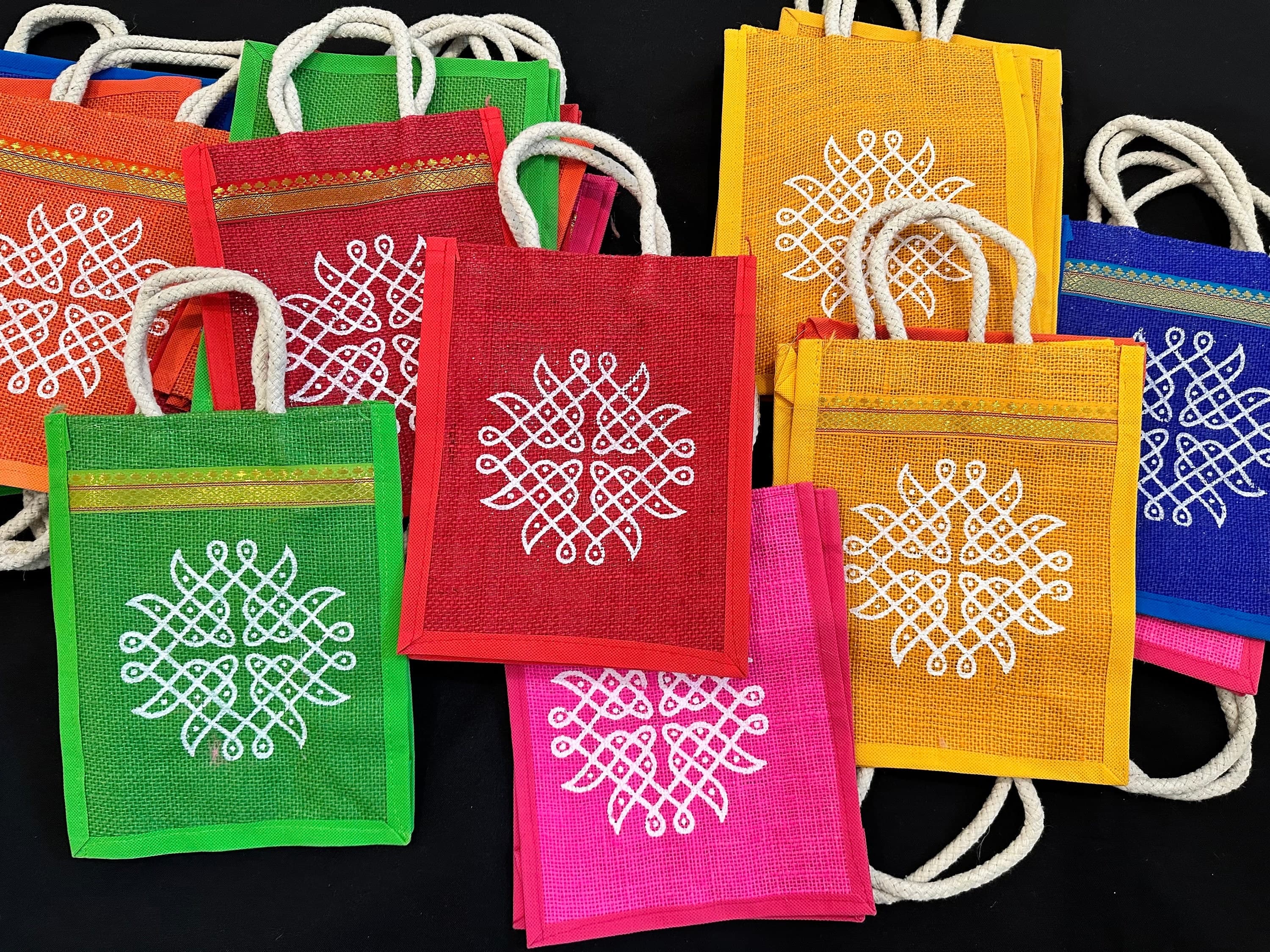 PREORDER – Pack of 10 Rangoli/Kolam Jute Tambulam Bags | Wedding Return Gift Bags | Reusable Jute Handbags — view 3