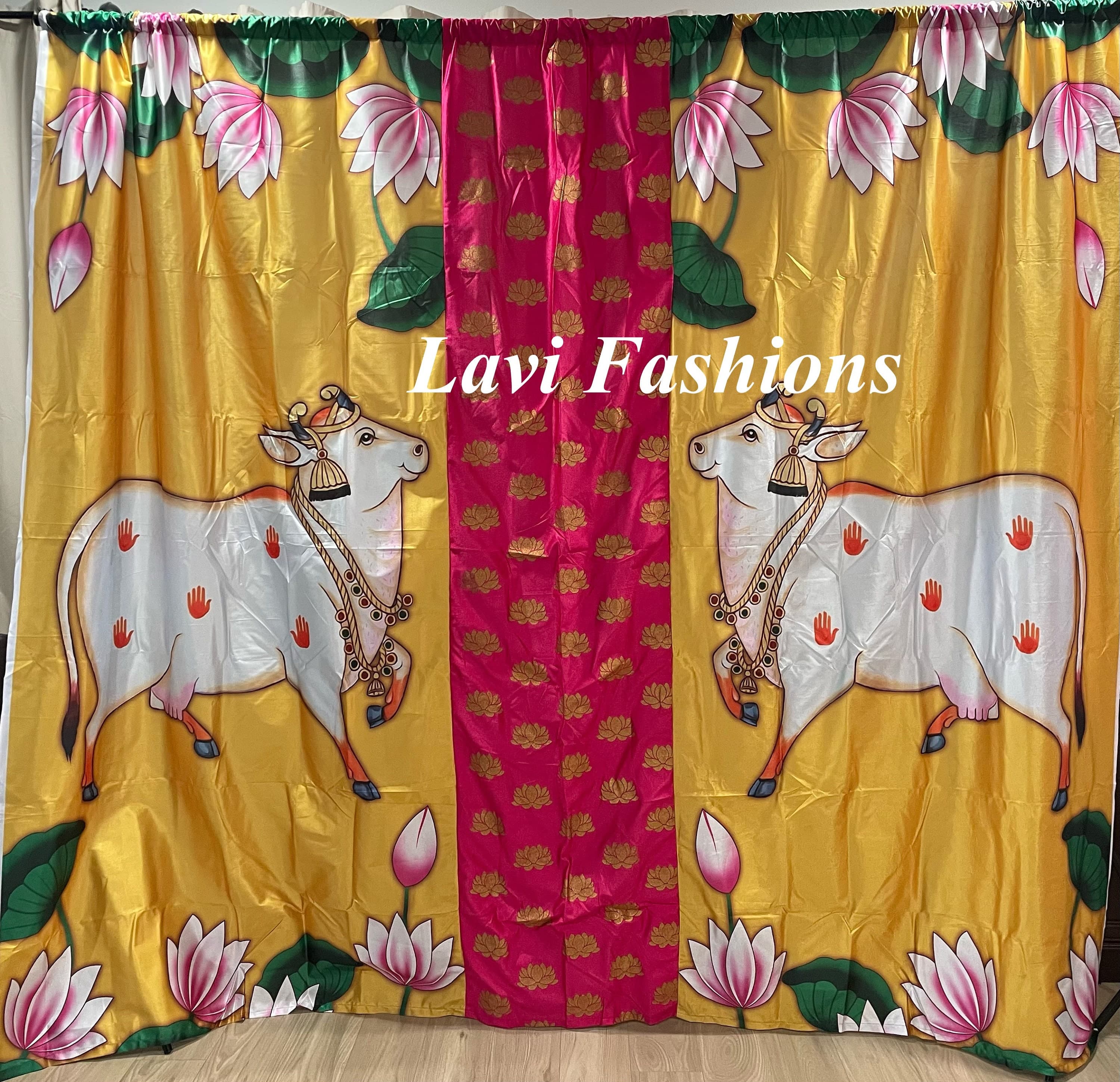 Ethnic Cow Lotus Design Back Drop Cloth – Crushed Satin Wedding Event Decor — view 5
