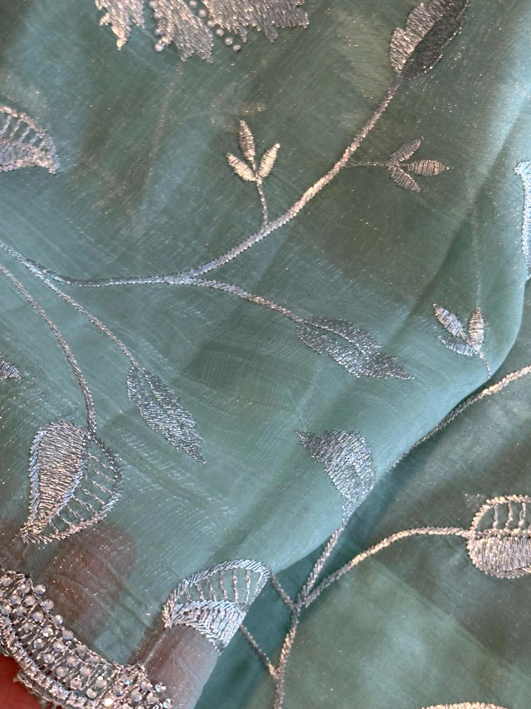 Mint Green Designer Saree with Silver Zari Floral Embroidery | Party Wear Saree — view 3
