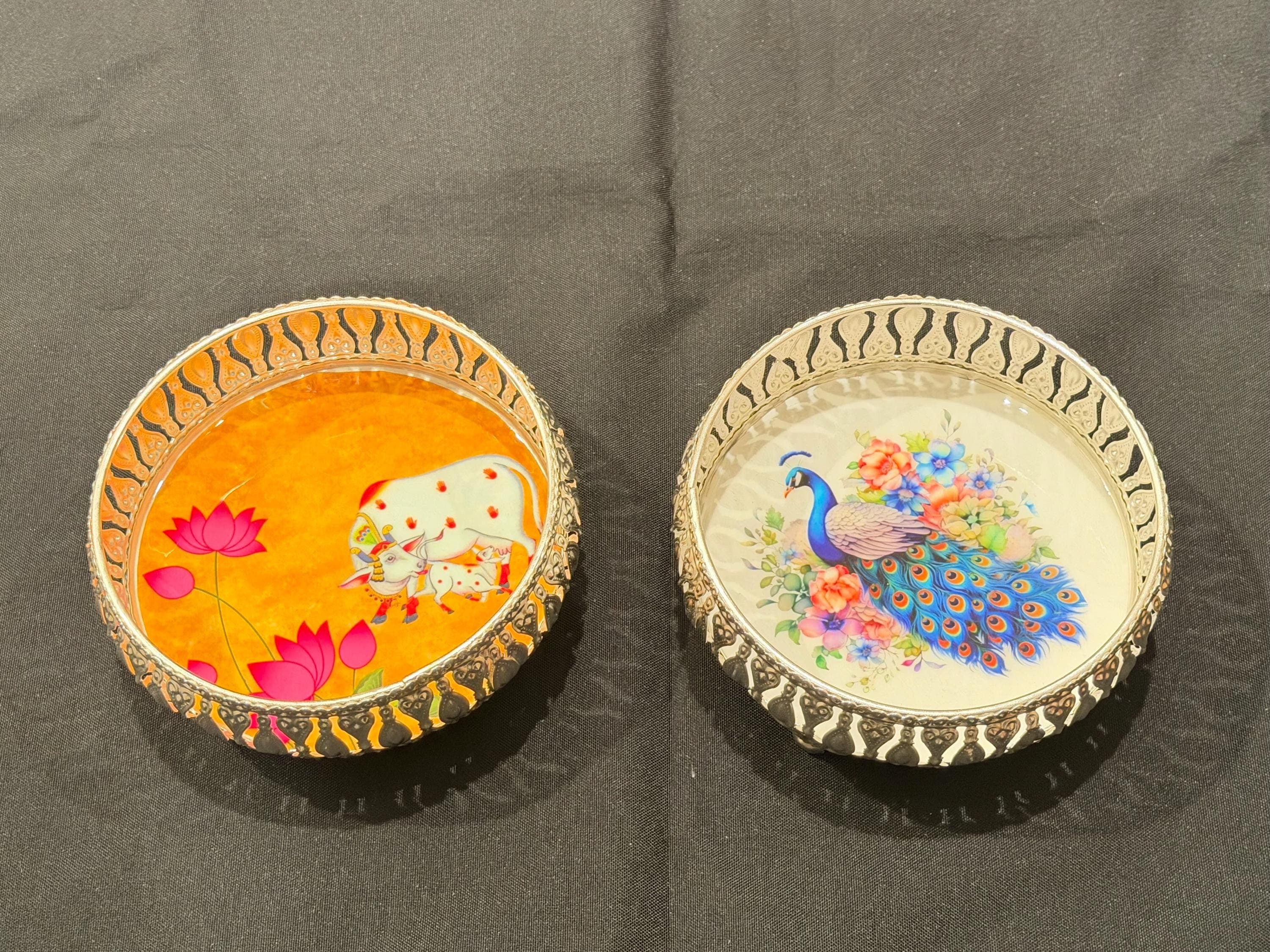 6” German Silver Pichwai Tray – Cow & Peacock Design, Indian Pooja Thali — view 4