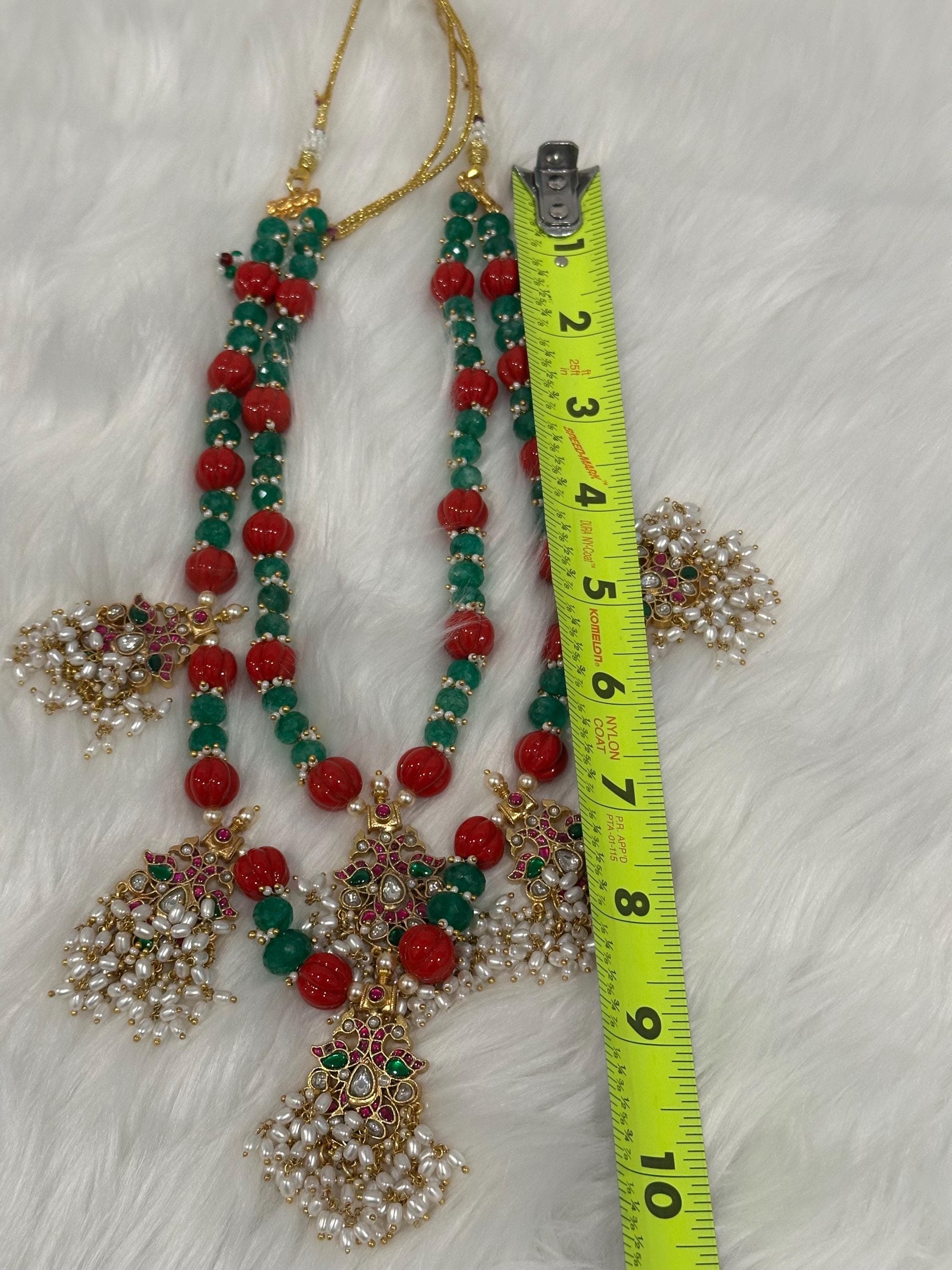 Indian Jewelry Set, Red Green Beaded Necklace, Gold Plated Earrings, Bollywood Jewelry — view 9