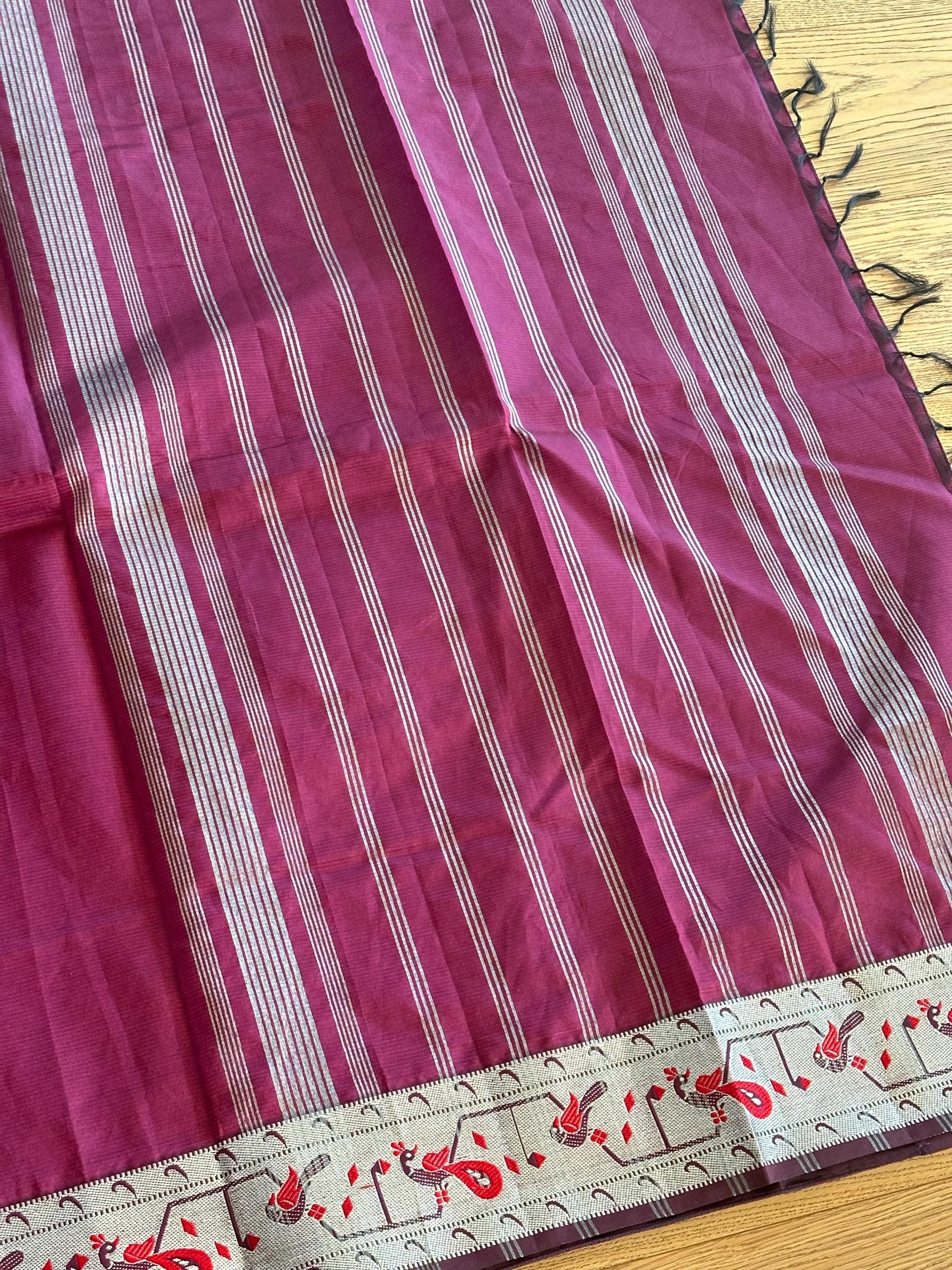 Pure Mangalagiri Handloom Silk Saree | Silver Zari Peacock Border, Blouse Piece — view 7