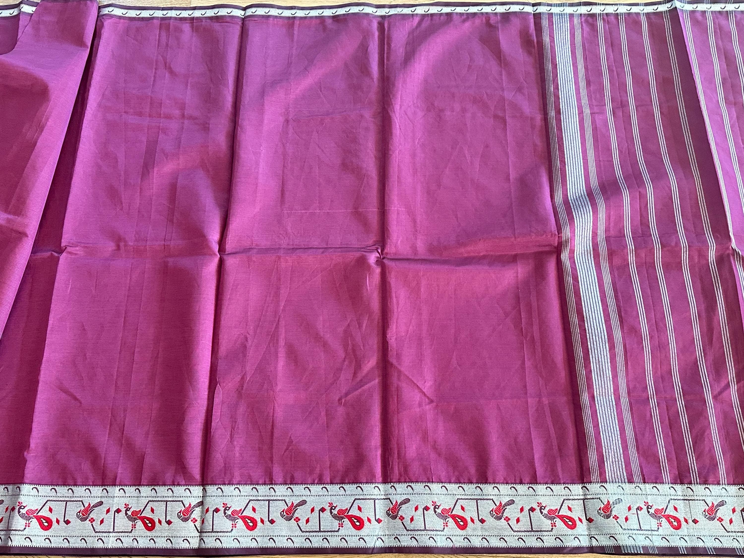 Pure Mangalagiri Handloom Silk Saree | Silver Zari Peacock Border, Blouse Piece — view 5