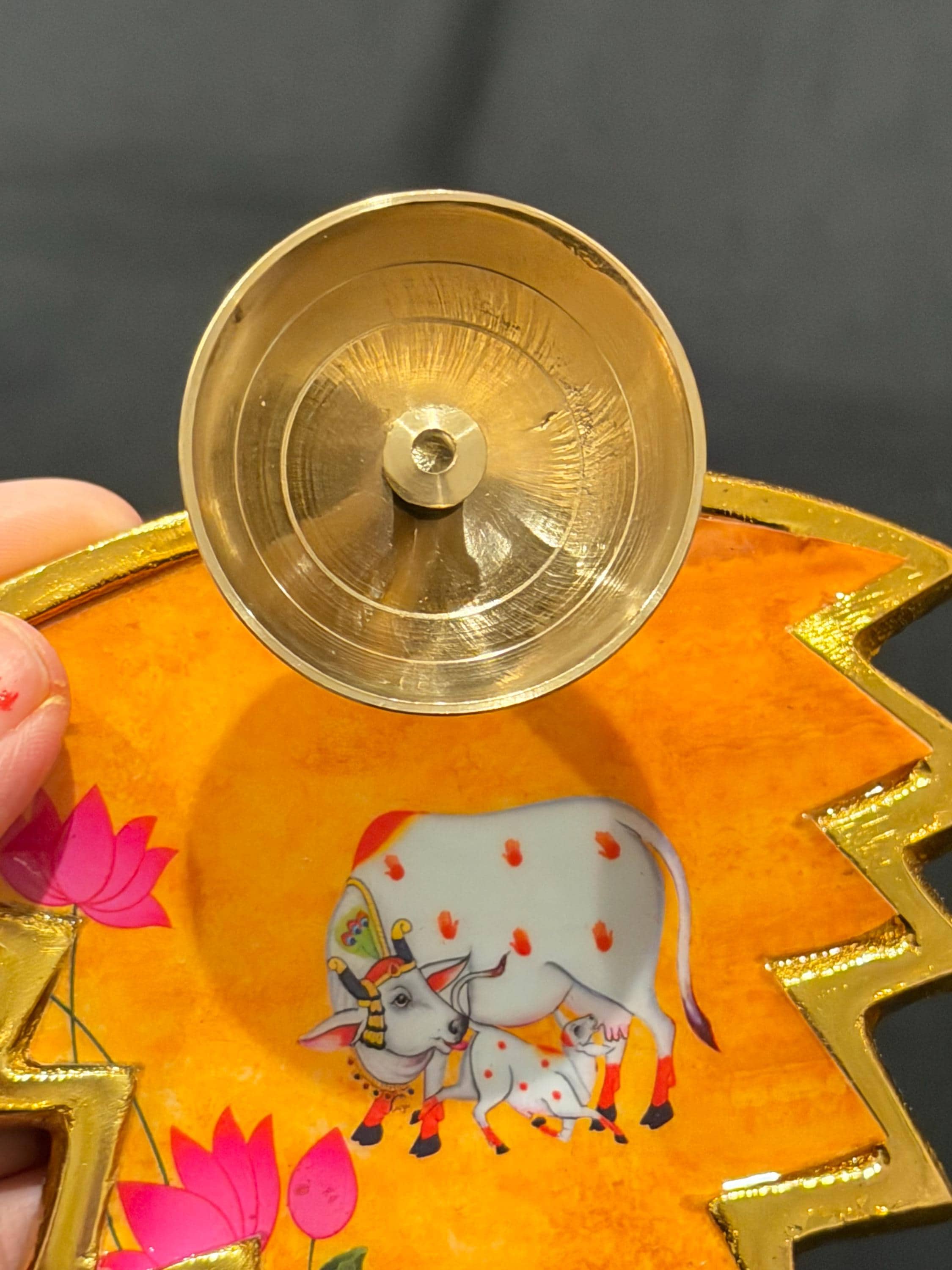 Pichwai Hand Painted Brass Diya – Cow Lotus Pooja Decor, Indian Diwali Gift — view 4