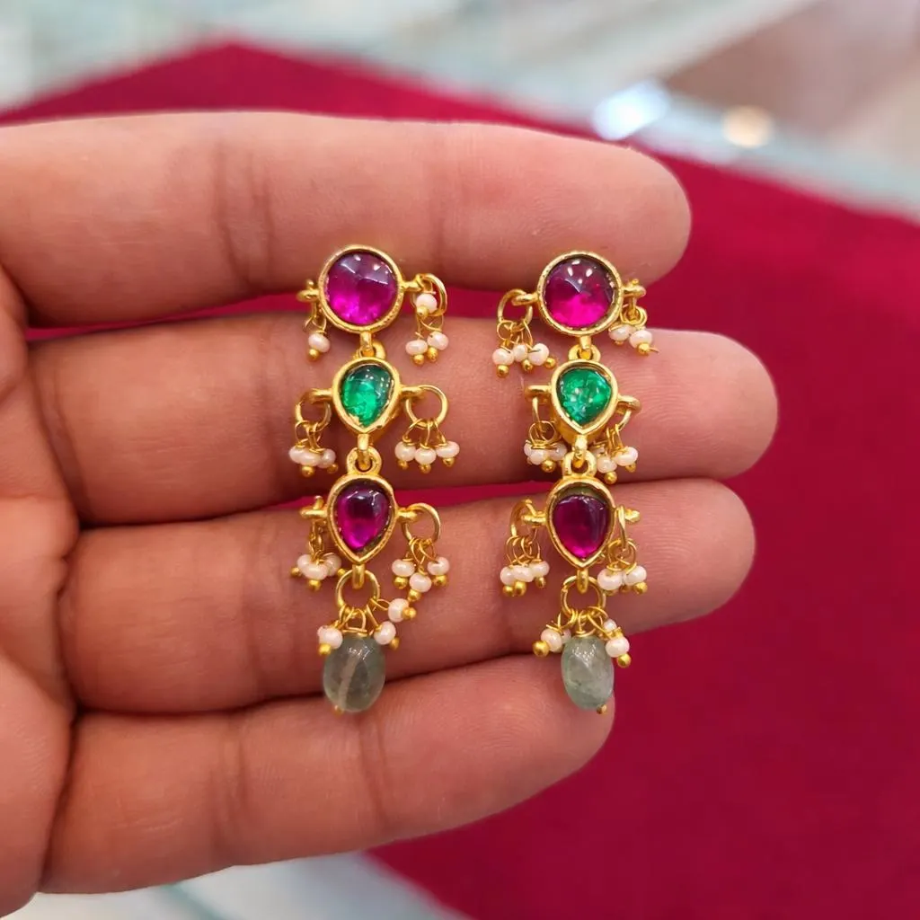 Pink Green Kundan Jadau Earrings | Indian Bridal Pearl Jewelry — view 2
