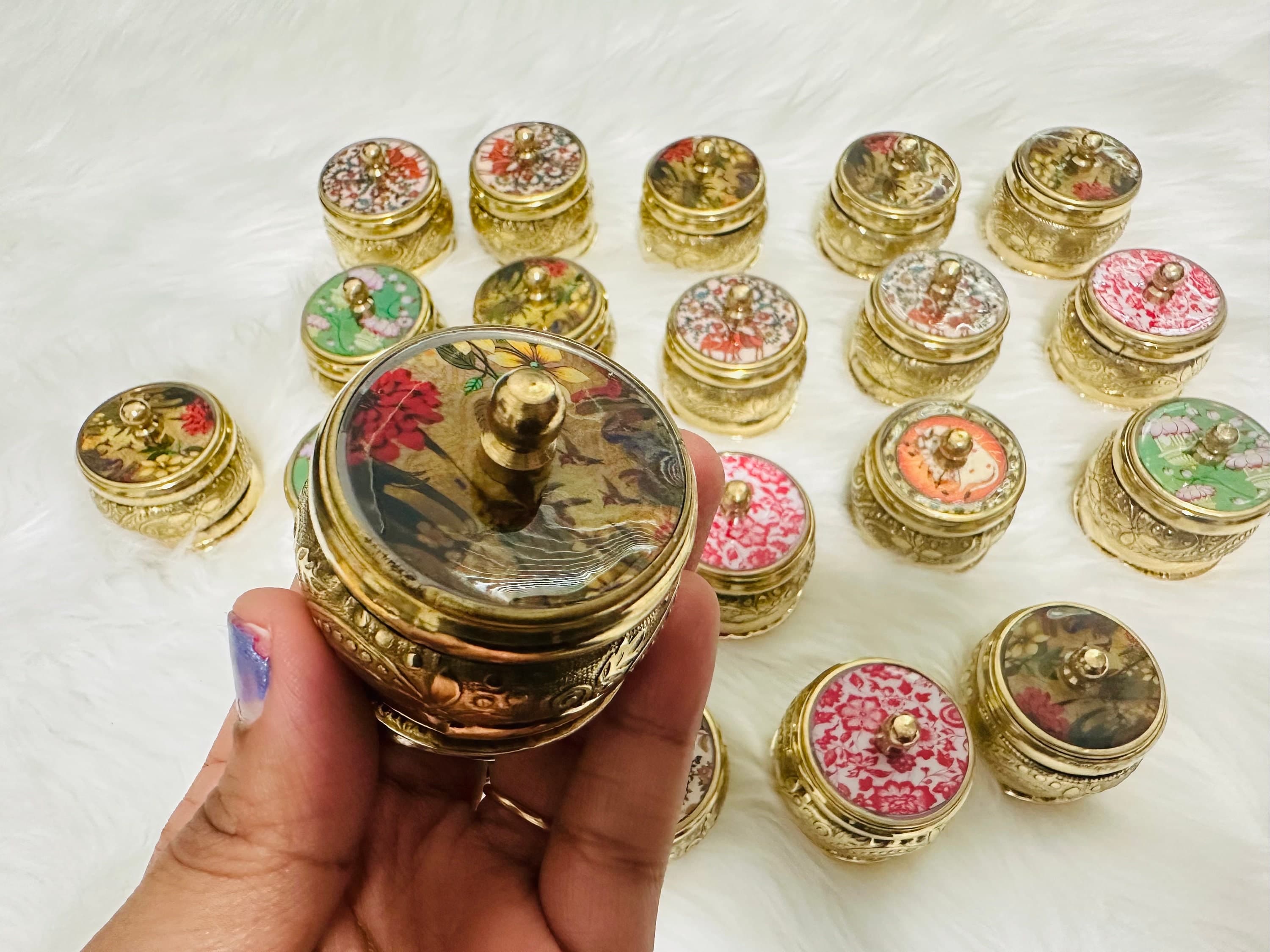 Brass Kumkum Dibbi Set | Traditional Indian Baby Shower Pooja Gifts (Pack of 10) — view 4