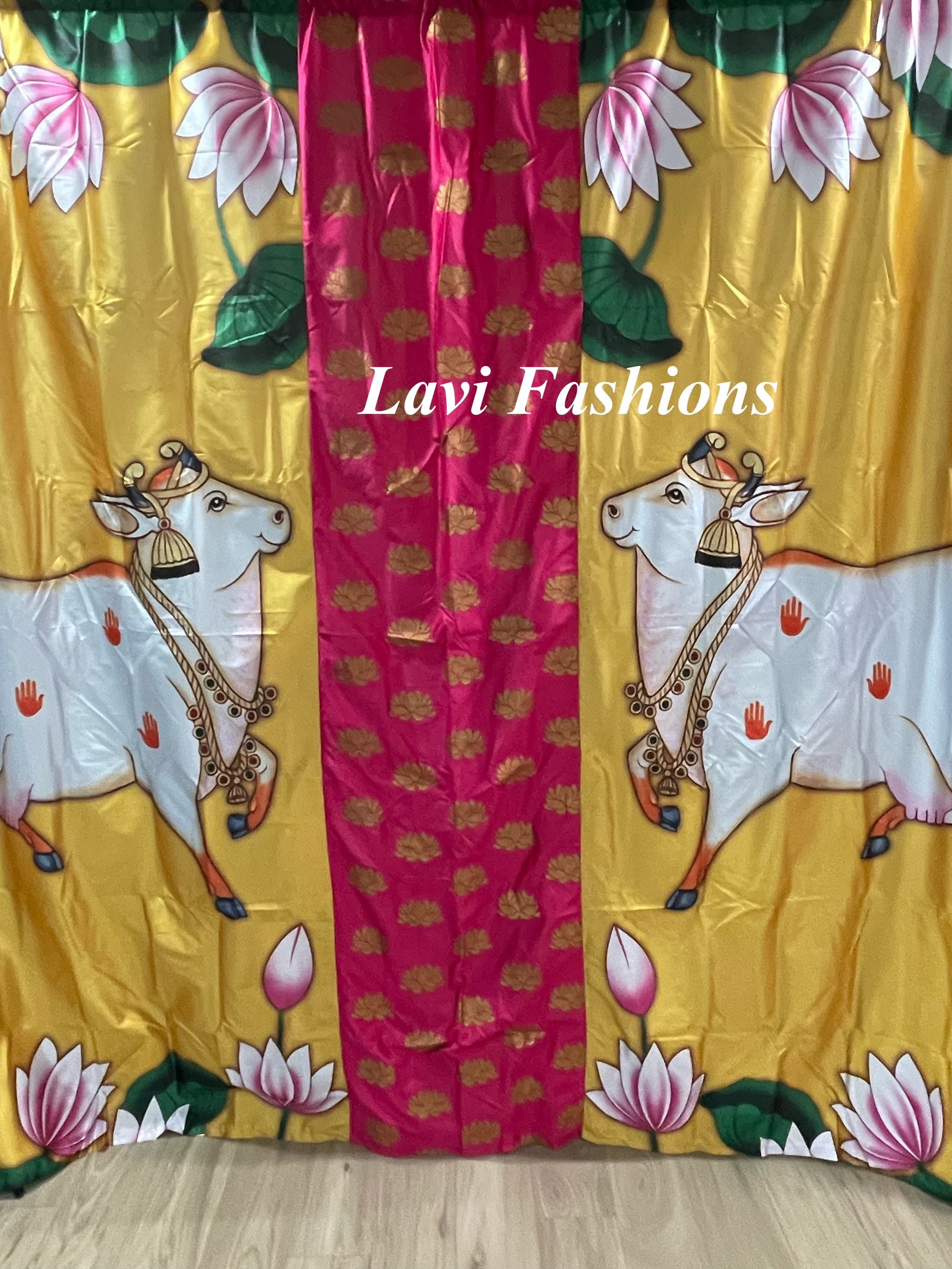 Ethnic Cow Lotus Design Back Drop Cloth – Crushed Satin Wedding Event Decor — view 3