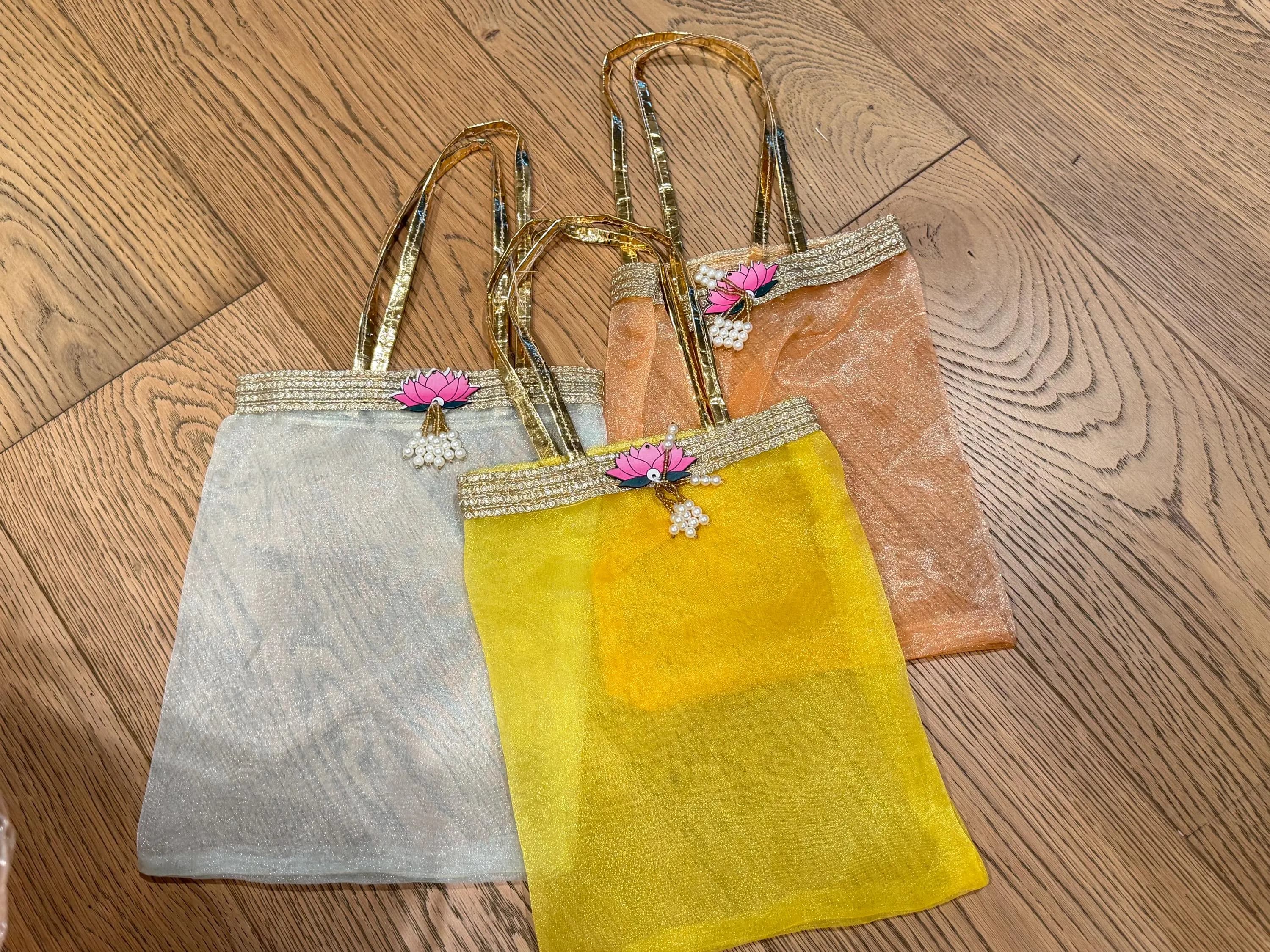 Organza Gift Bags with Lotus Charm | Indian Return Gifts | Wedding Favor Bags | Lavi Fashions — view 4