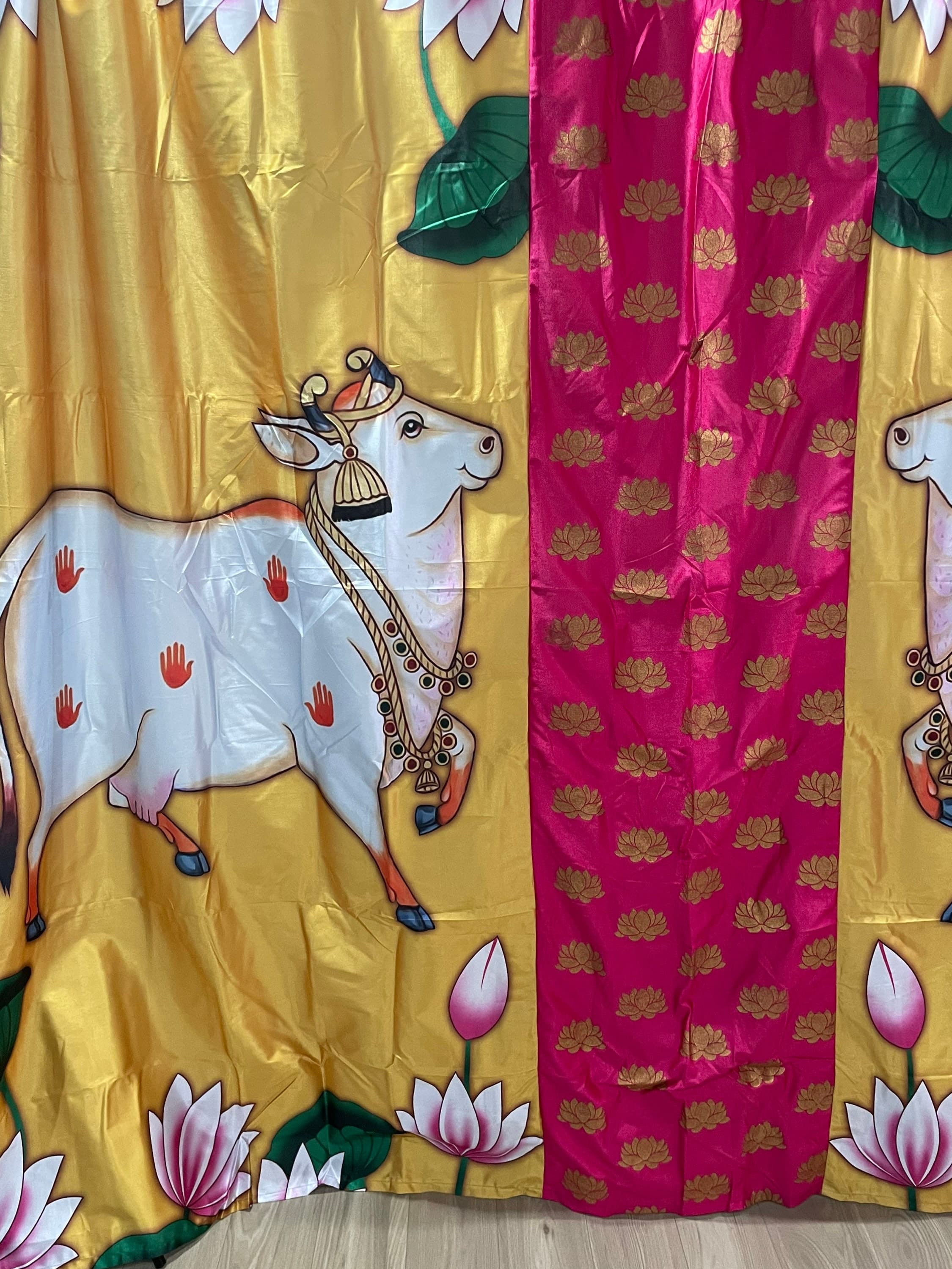 Ethnic Cow Lotus Design Back Drop Cloth – Crushed Satin Wedding Event Decor — view 6