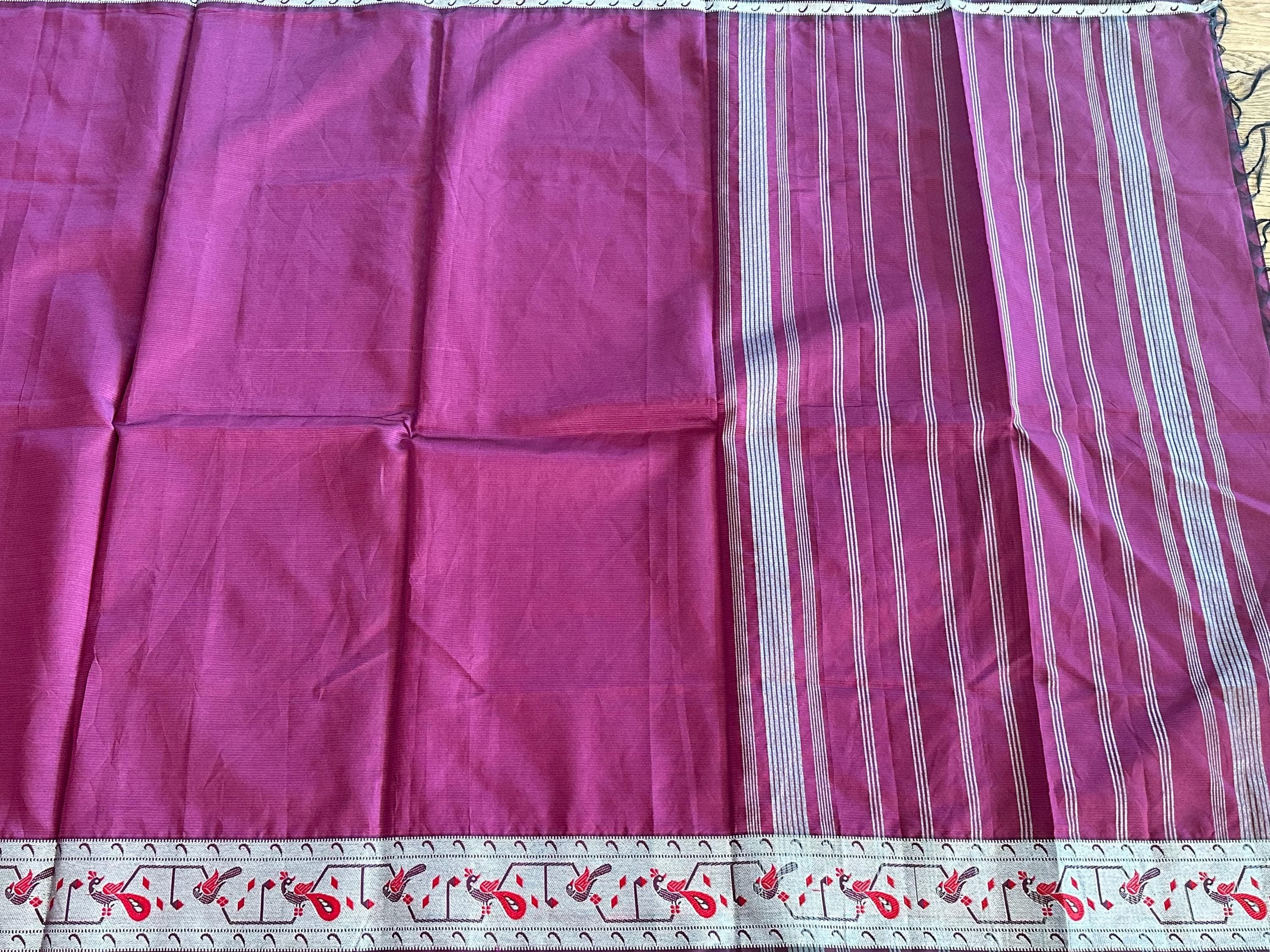 Pure Mangalagiri Handloom Silk Saree | Silver Zari Peacock Border, Blouse Piece — view 6